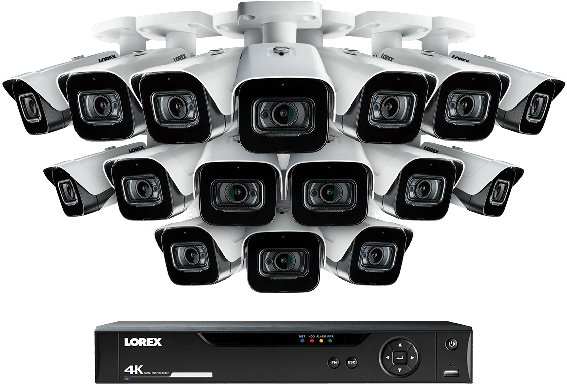 Lorex4 K Security Camera System PNG — Array of white Lorex security cameras arranged in a fan shape above a black 4K DVR unit against a pure black background.