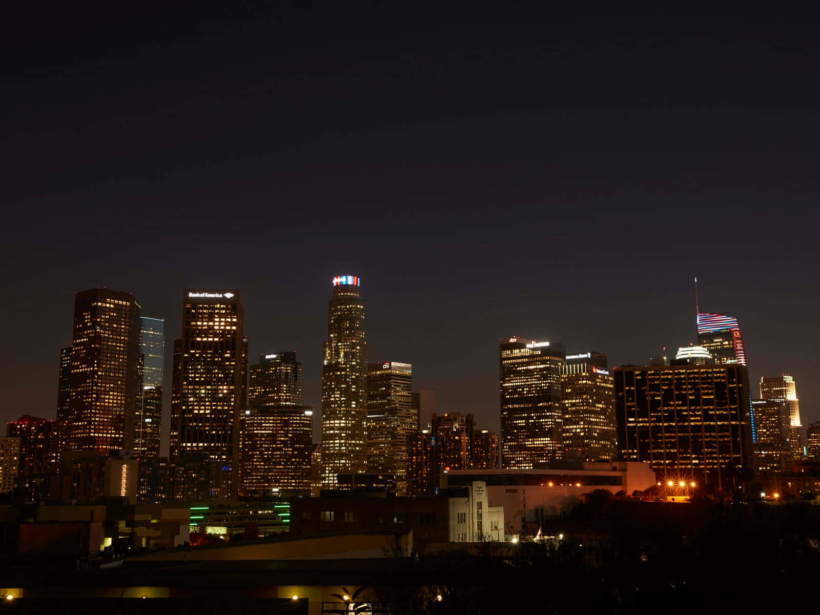 Stunning aerial view of Los Angeles skyline at sunset