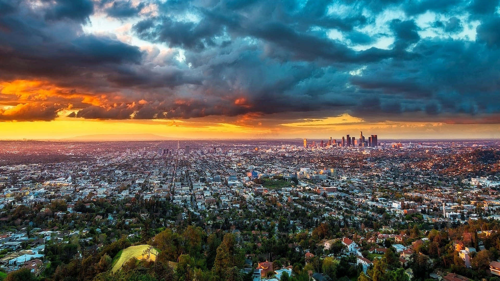 A scenic view of the iconic Los Angeles skyline at dusk