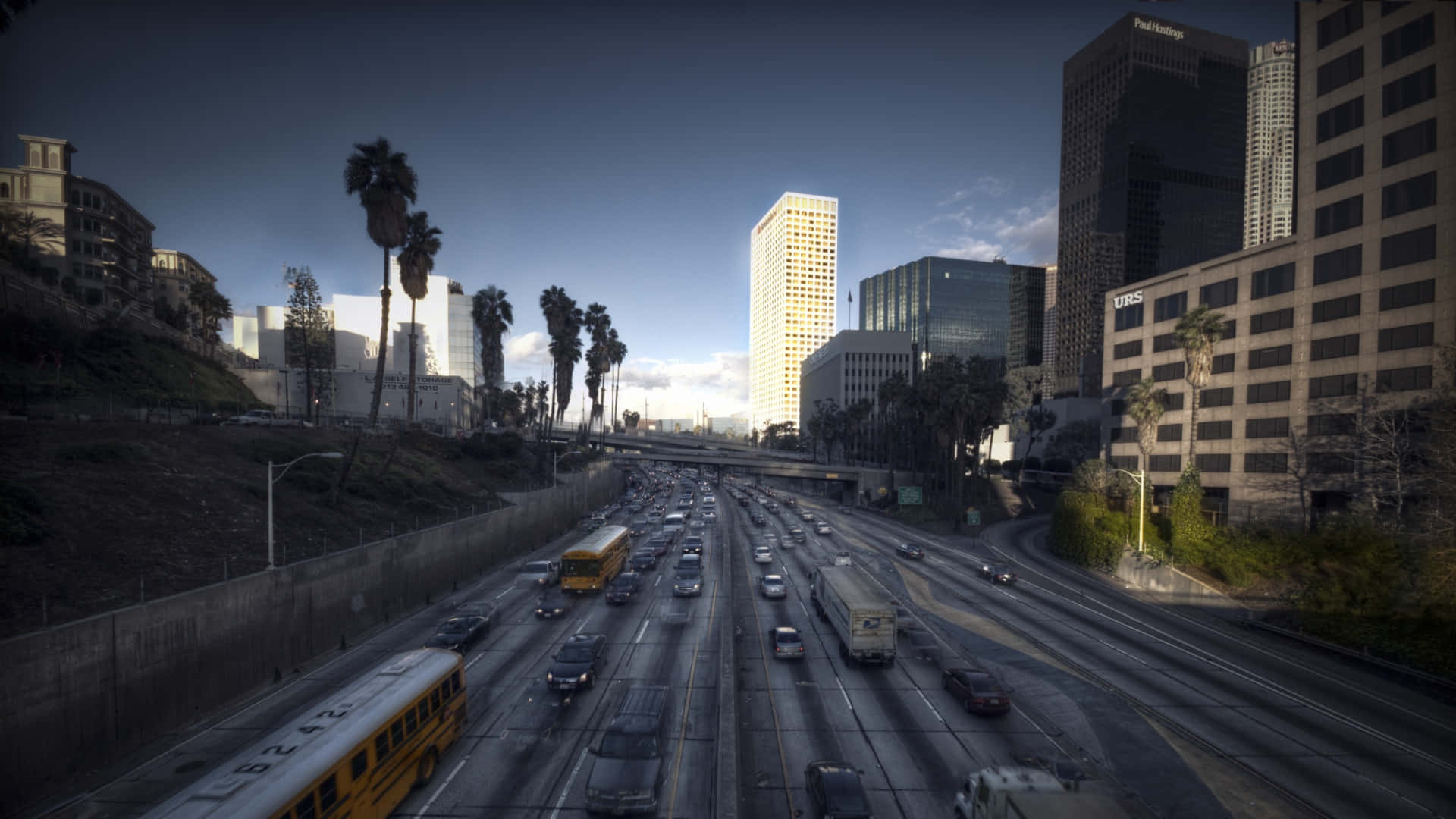 Panoramic view of downtown Los Angeles skyline at sunset