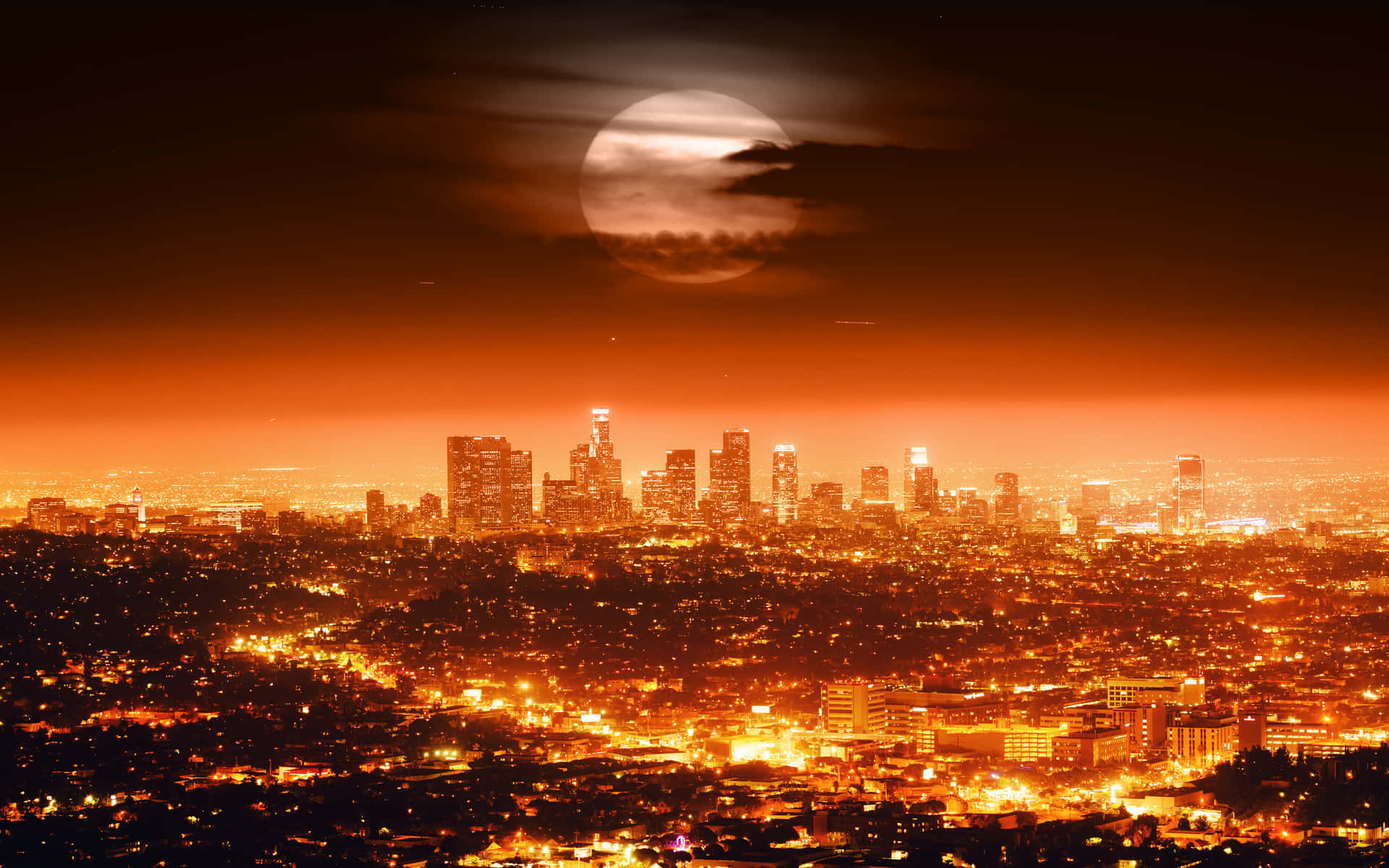 Stunning Aerial View of Downtown Los Angeles Skyline at Sunset