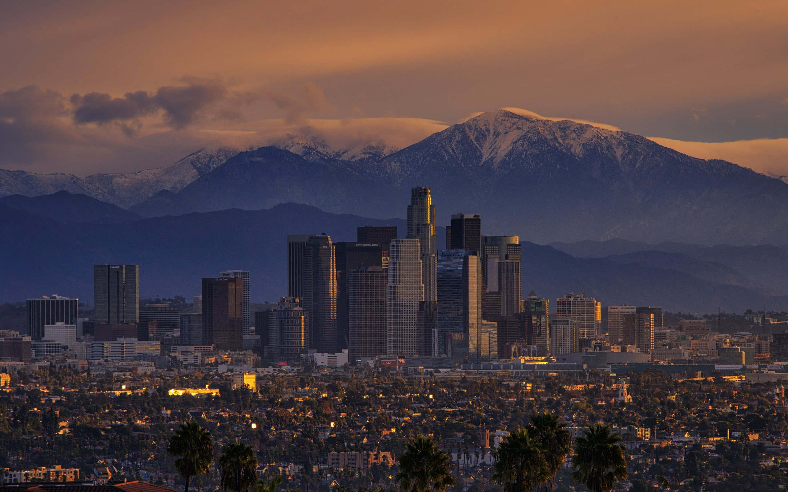 Stunning panoramic view of the Los Angeles skyline at dusk