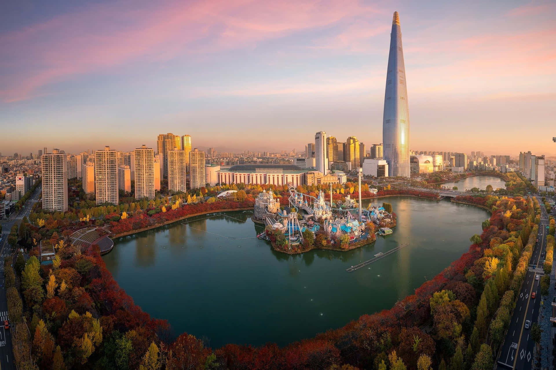 Lotte World Tower Herfst Zonsondergang Achtergrond