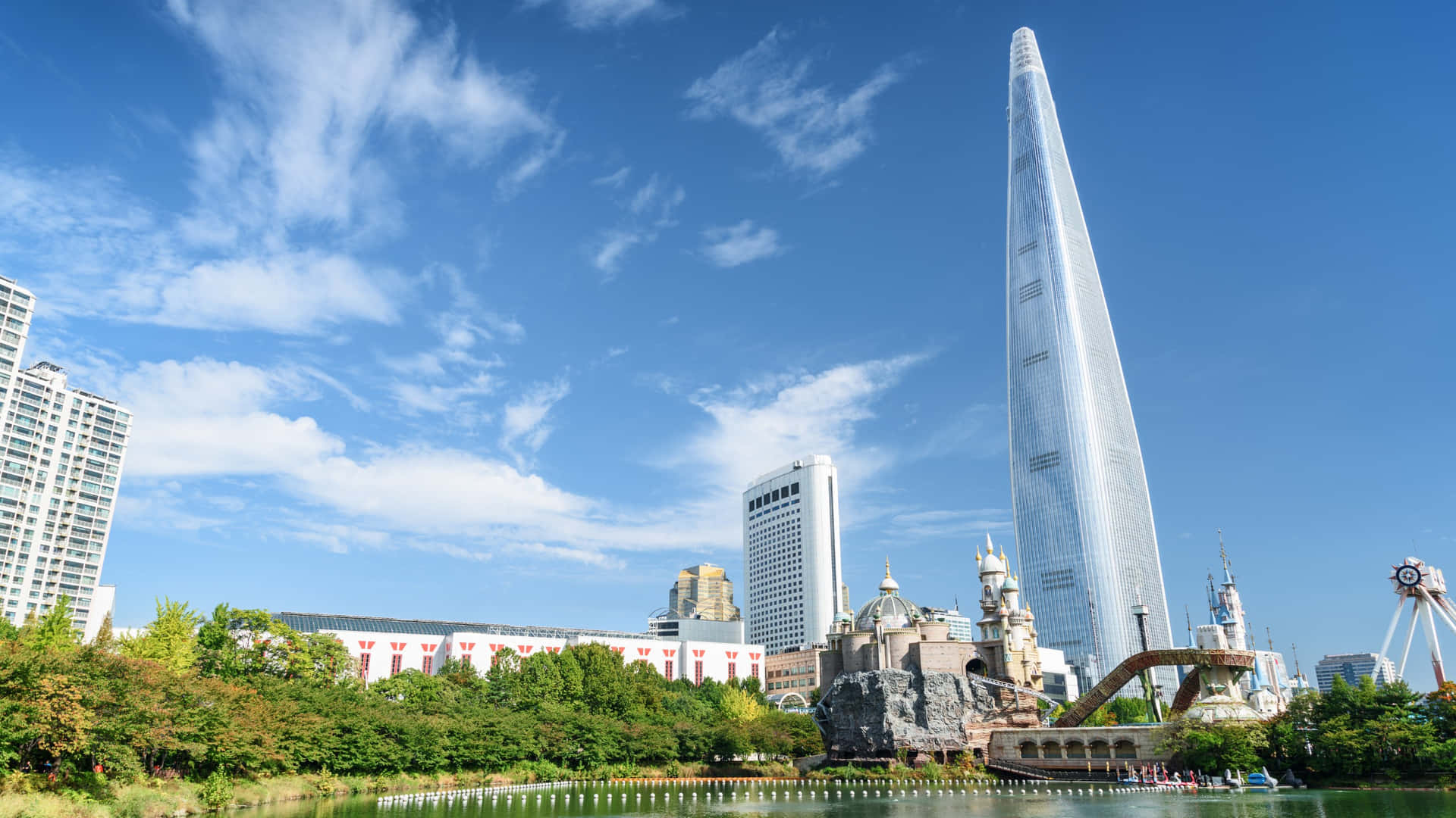 Download Lotte World Tower Seoul Skyline Wallpaper | Wallpapers.com