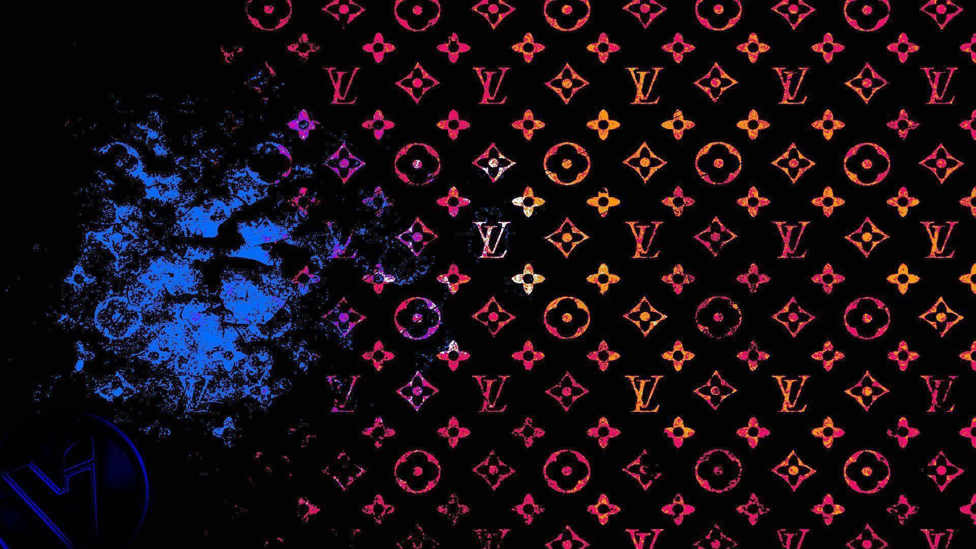 The iconic Louis Vuitton logo, illuminated in a rainbow of vibrant neon colors. Wallpaper