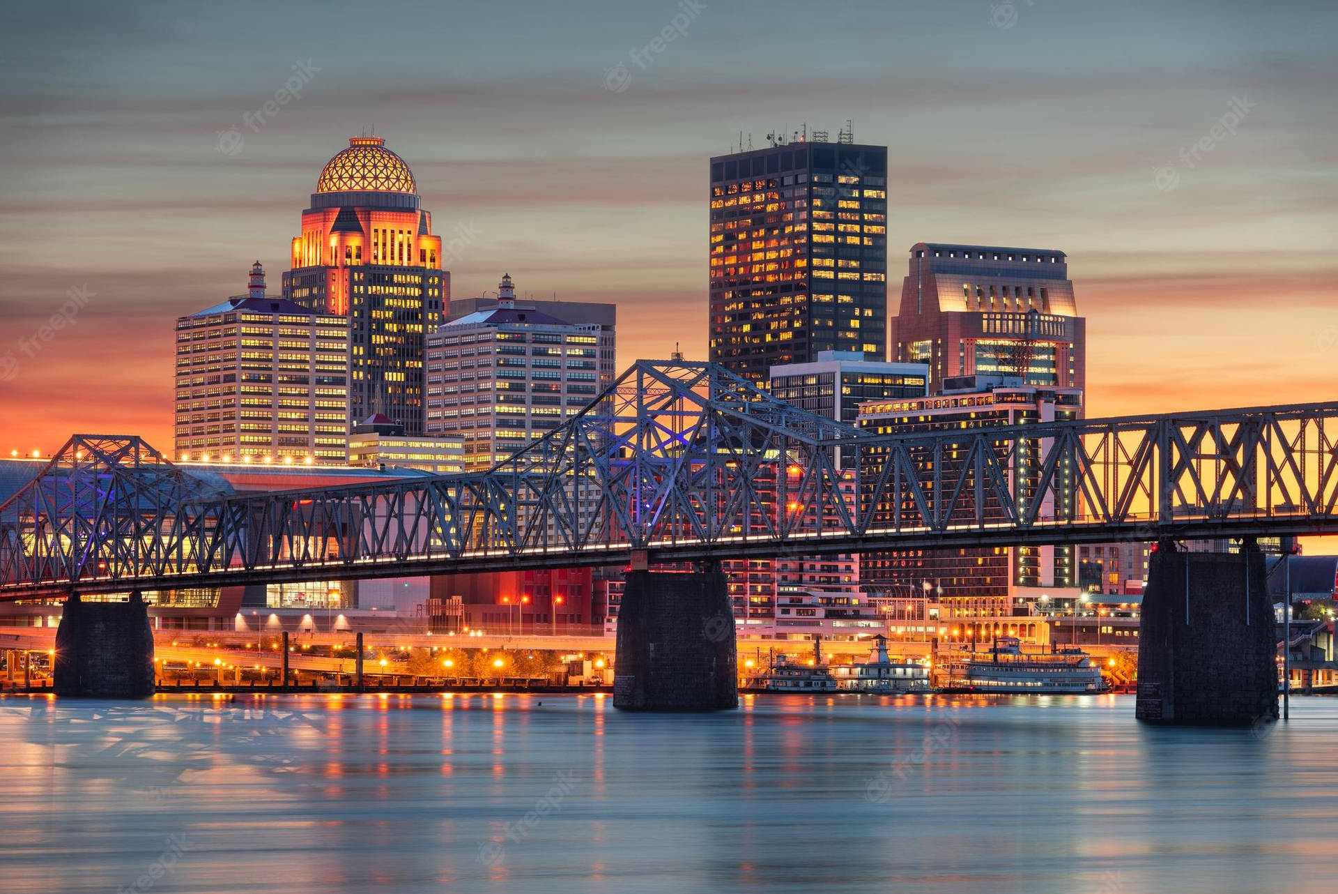 Louisville Skyscrapers And Bridge During Sunset Wallpaper