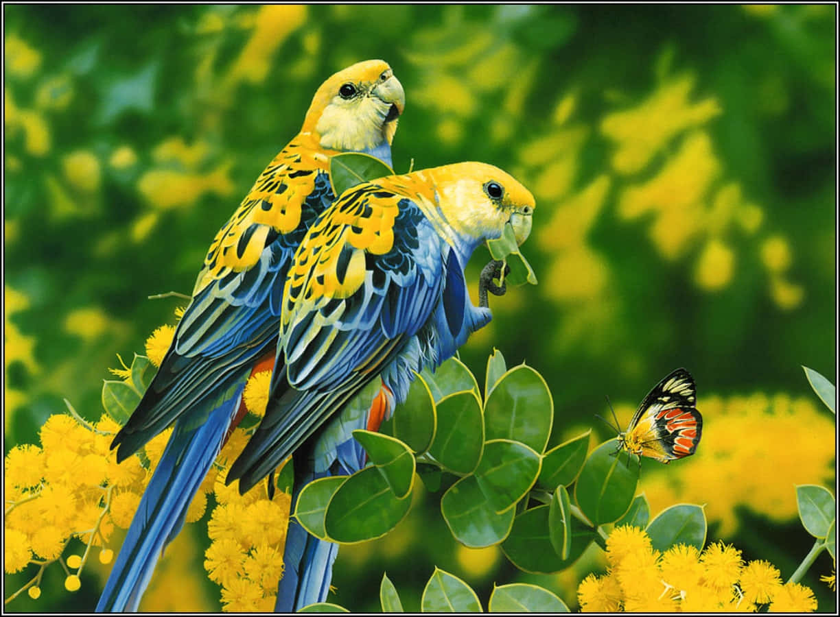 Zweivögel Sitzen Auf Einem Ast Mit Gelben Blumen.