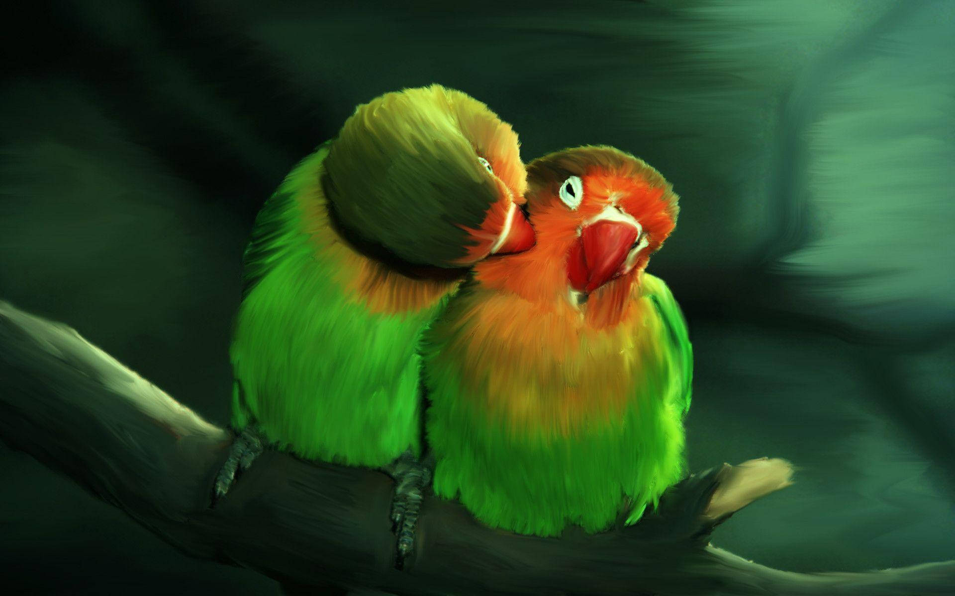 Love Birds Kiss Painting Wallpaper