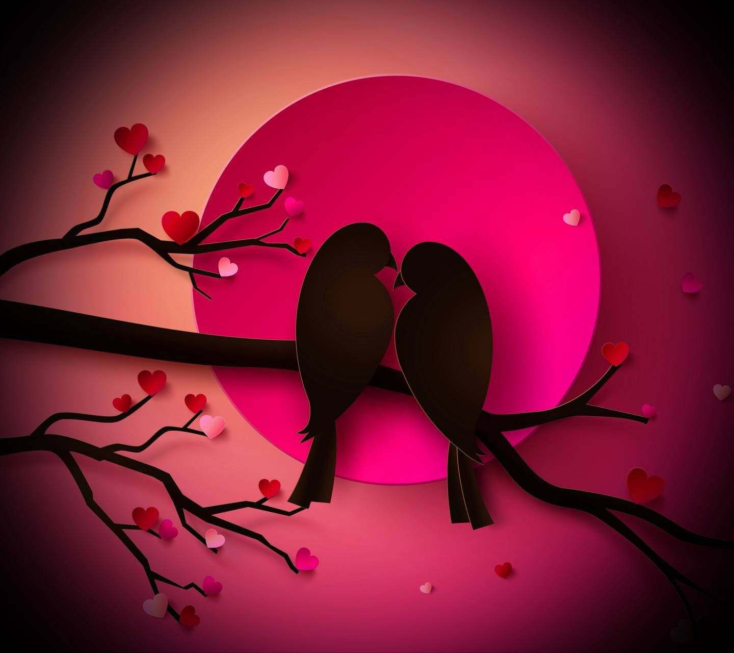 Love Birds Silhouette With Pink Moon Wallpaper