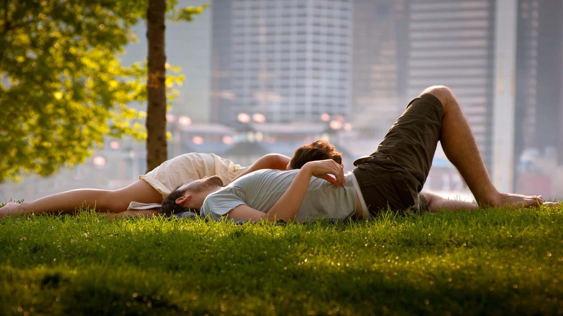 Kærlighed par, der ligger på græsplæne billede
