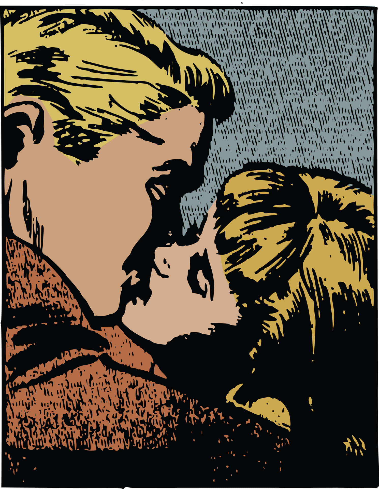 En mand kysser en kvinde i en tegneserie