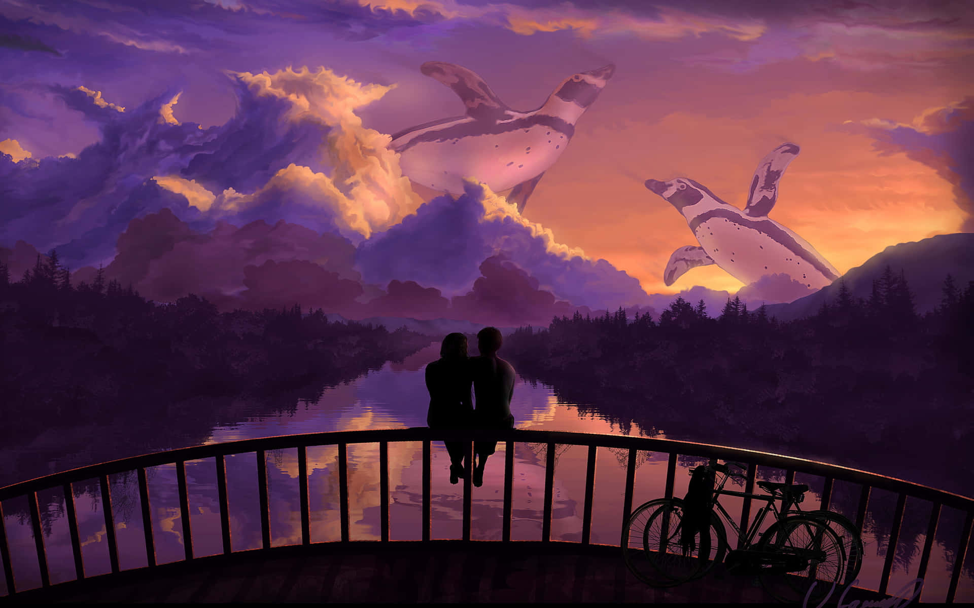 A Love Couple With Penguin Clouds