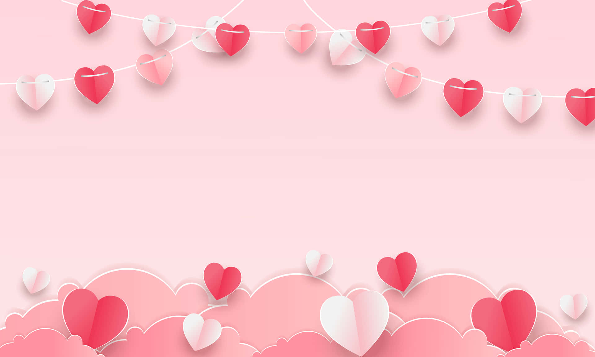 paper hearts hanging from a string on a pink background