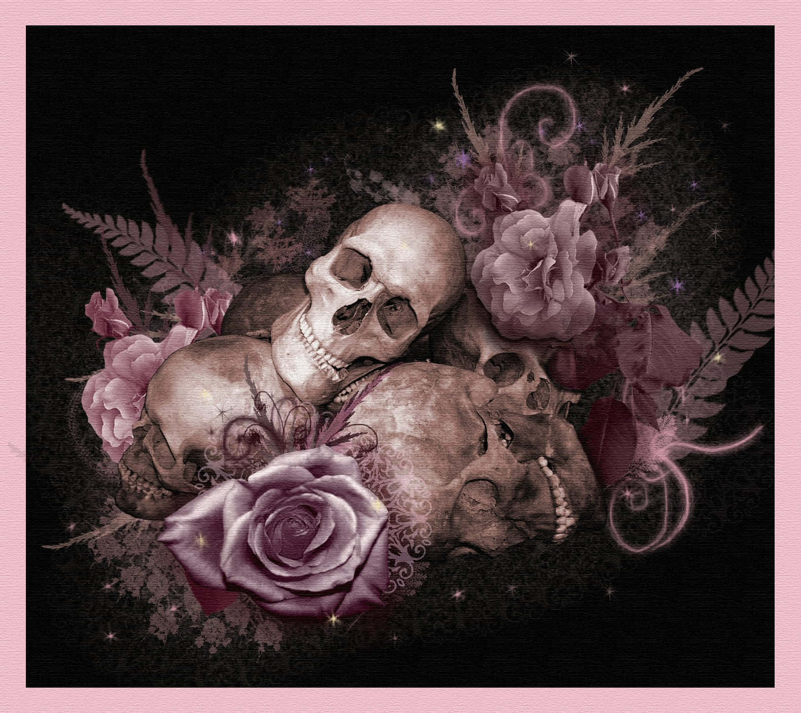 Amor,calaveras Y Rosas Góticas Estético En Tonos Rosa. Fondo de pantalla