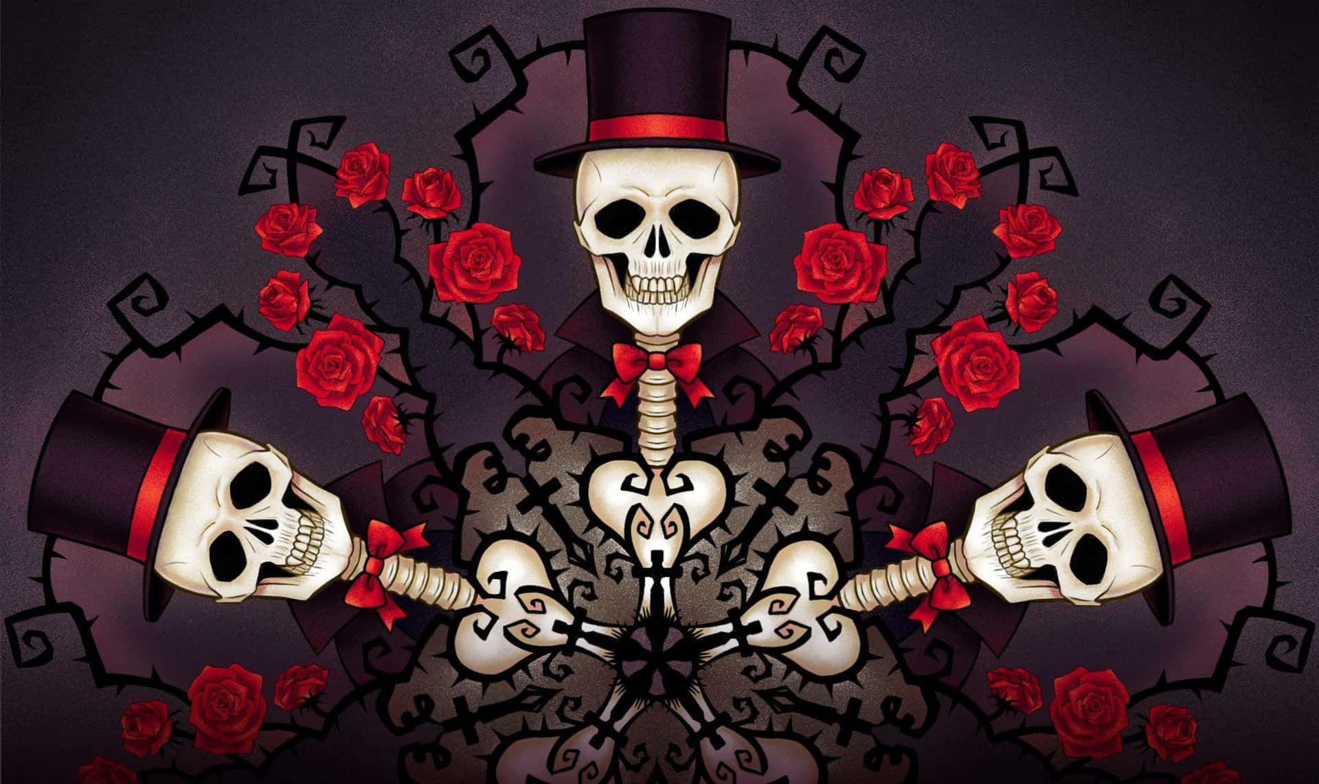 Skulls In Top Hats And Roses Wallpaper