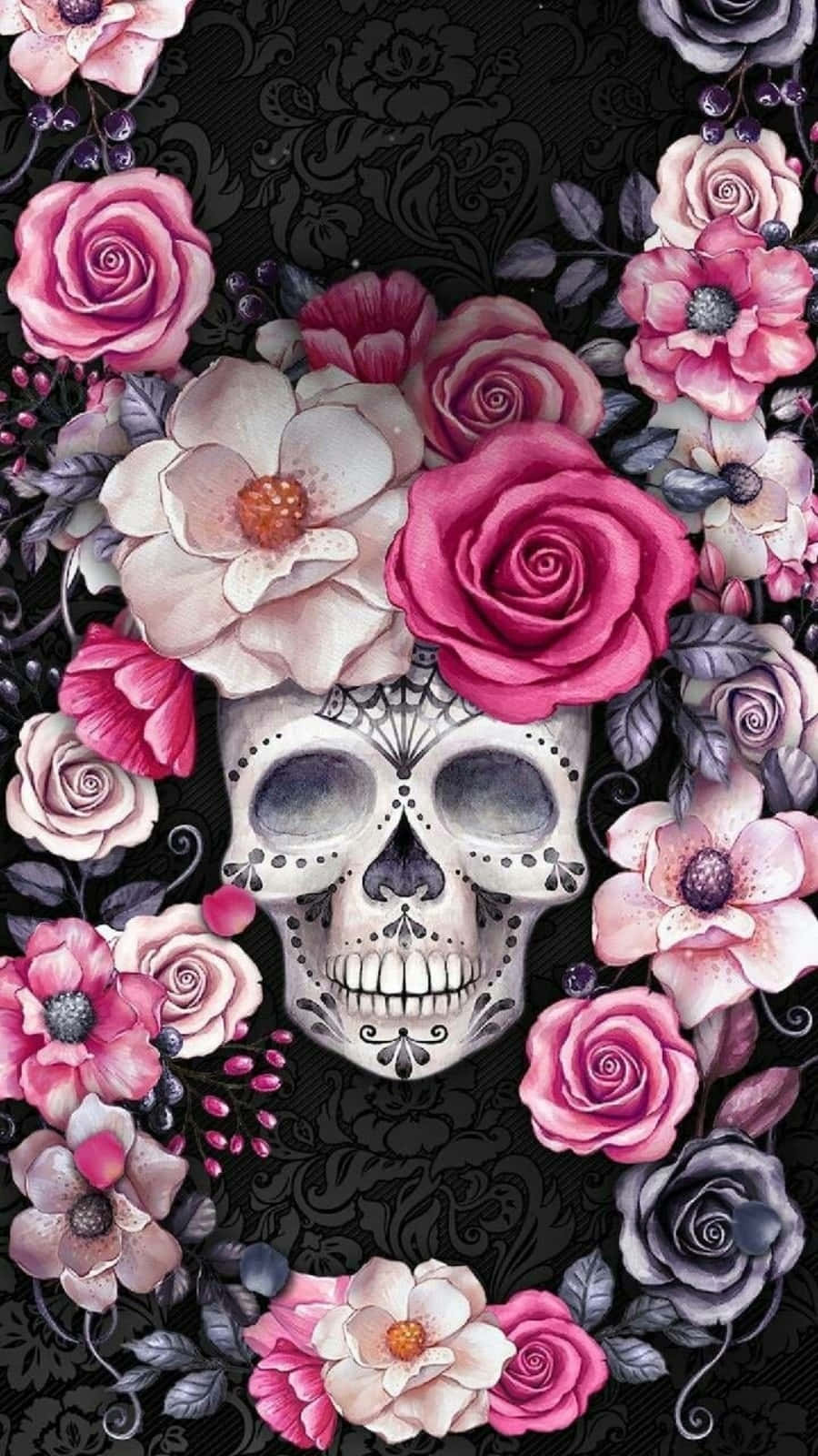 Floral Pink Love Skulls And Roses Wallpaper