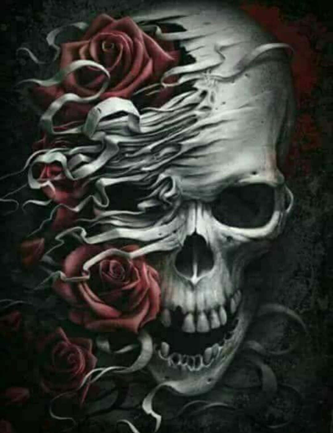Gothisk Kærlighed Skuller Og Røde Roser Tapet Wallpaper