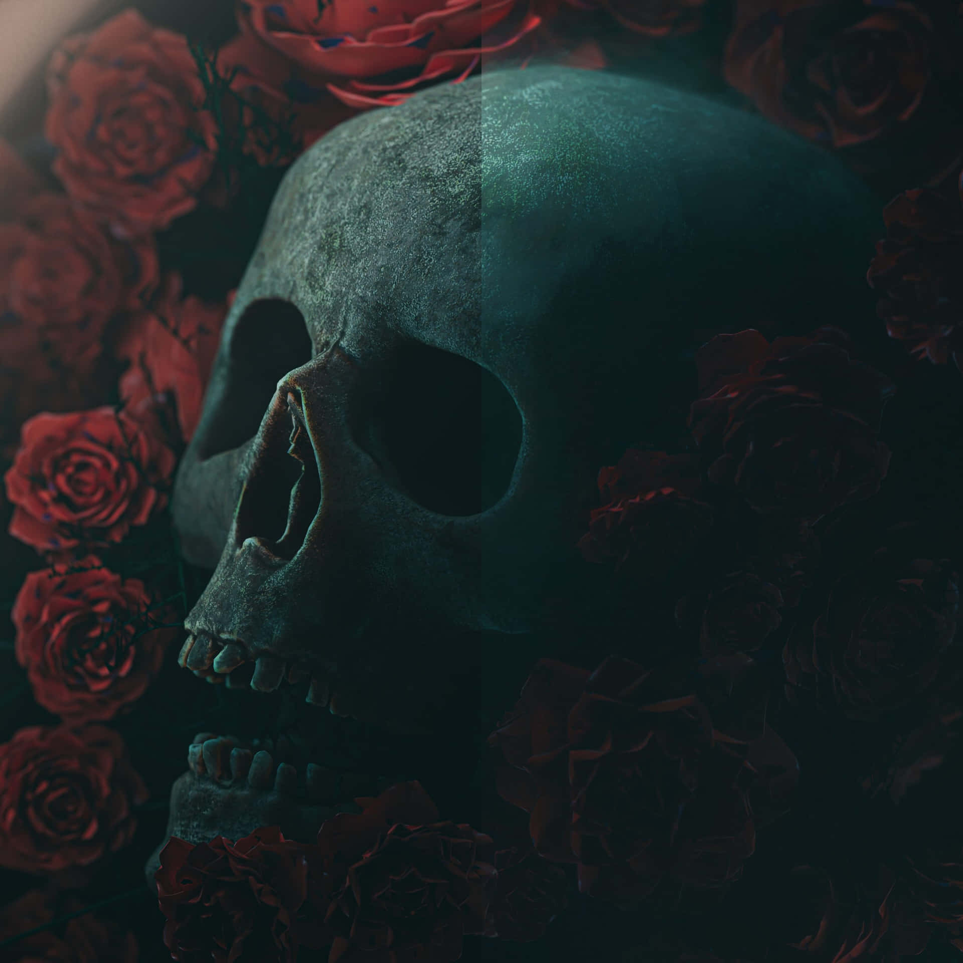A Skull Surrounded By Red Roses Wallpaper