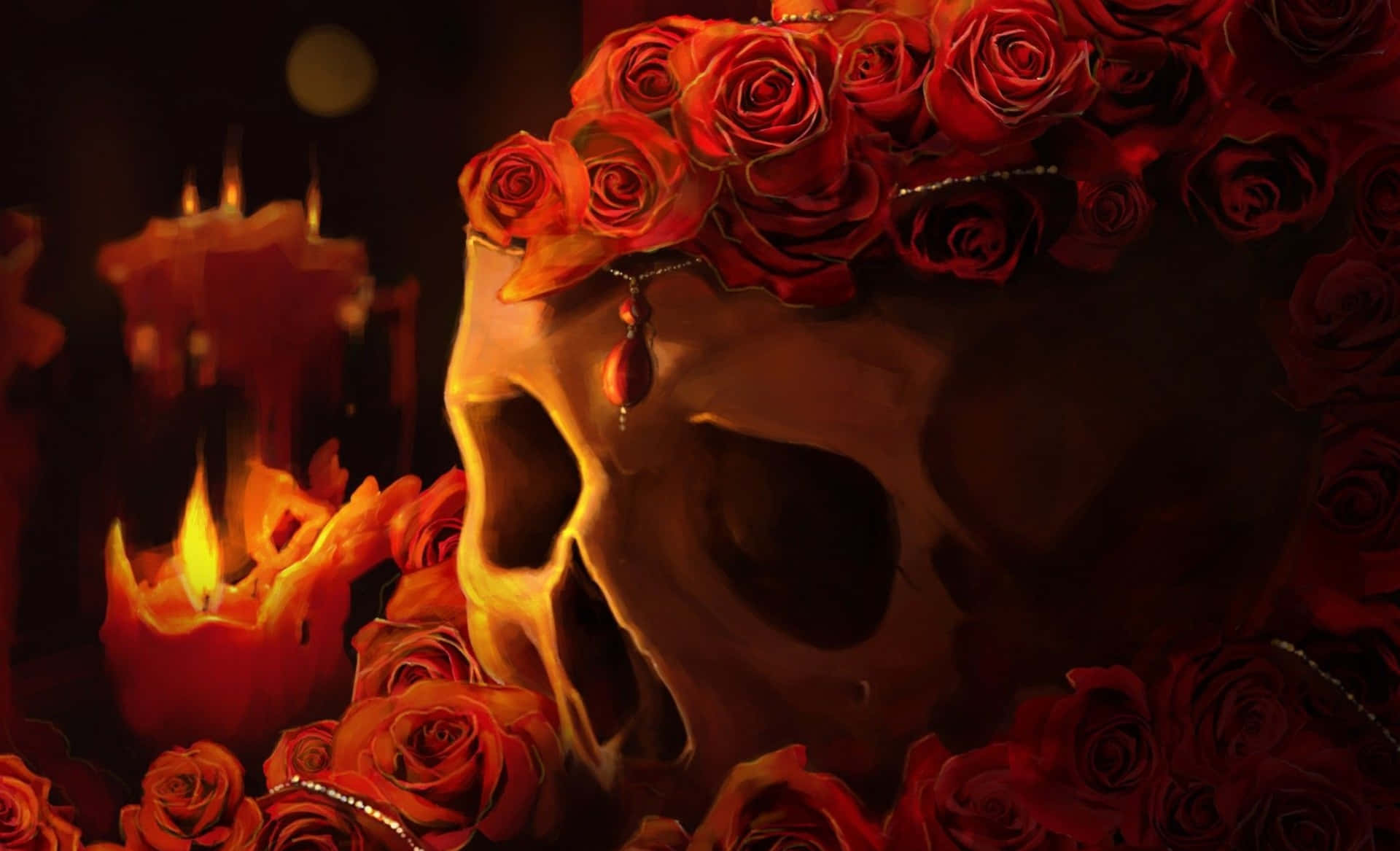 Love Skulls And Roses Candle Flame Wallpaper