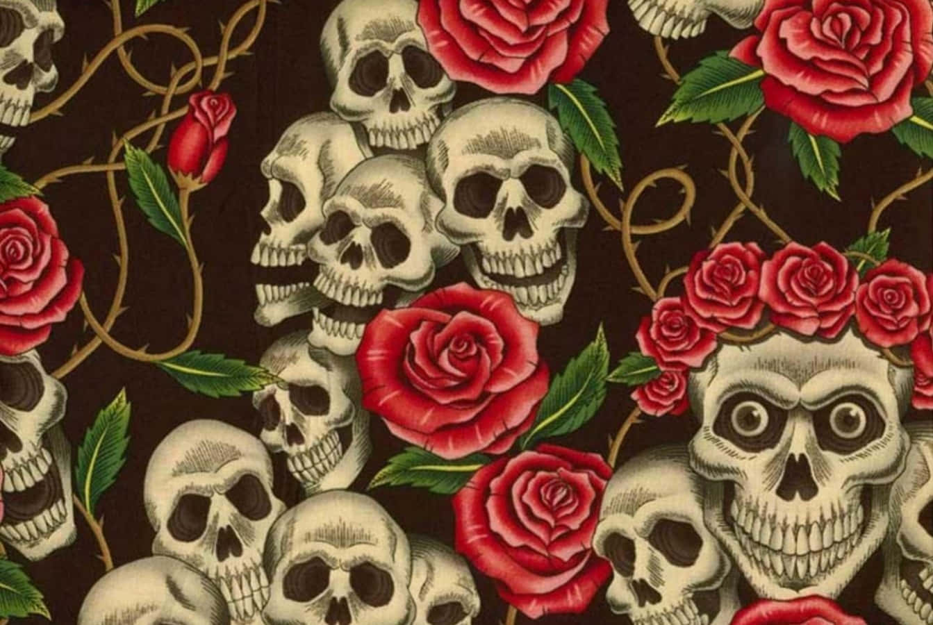 Gothic Love Skulls And Roses Pattern Wallpaper