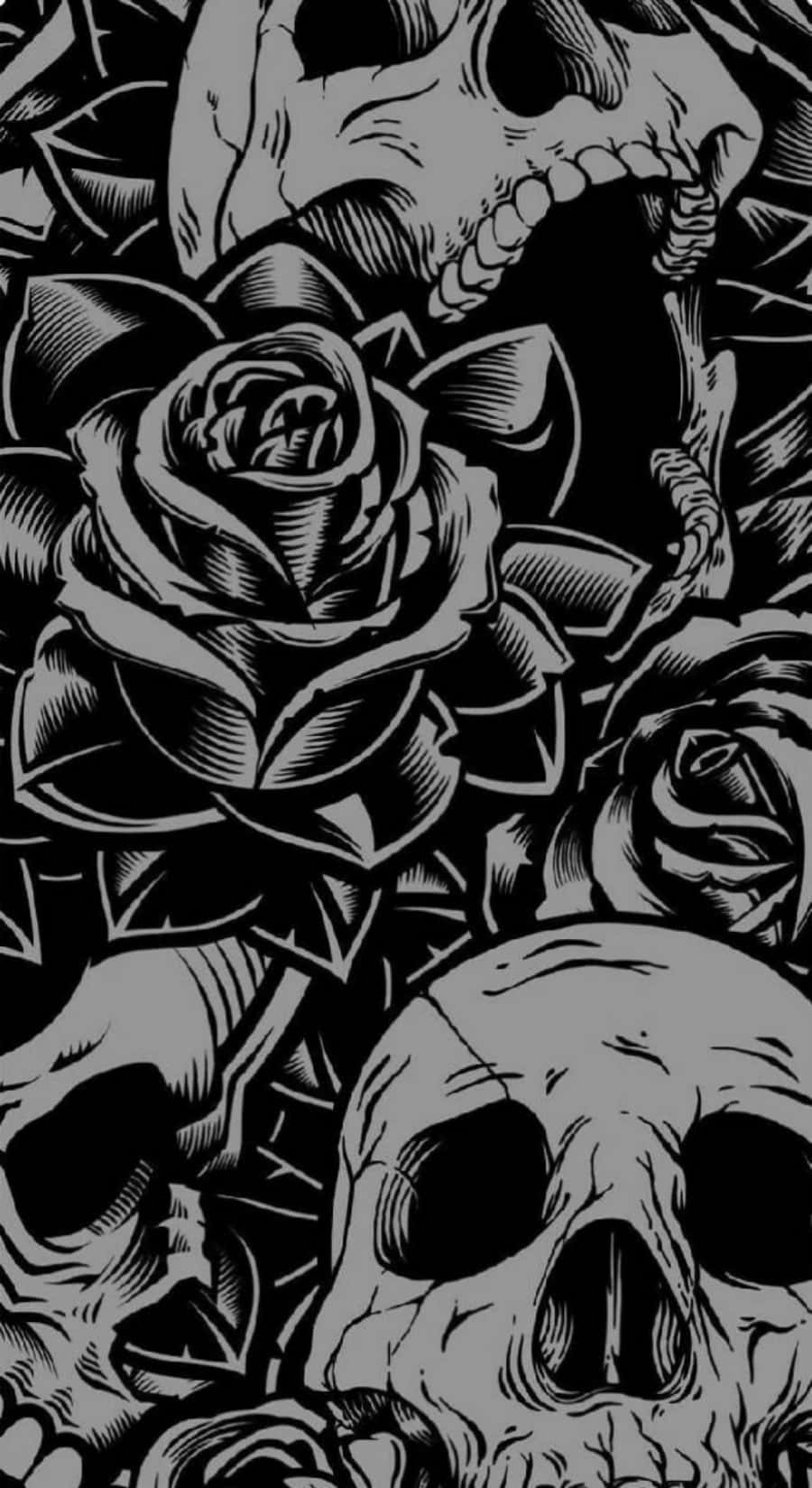 Black And White Love Skulls And Roses Art Wallpaper