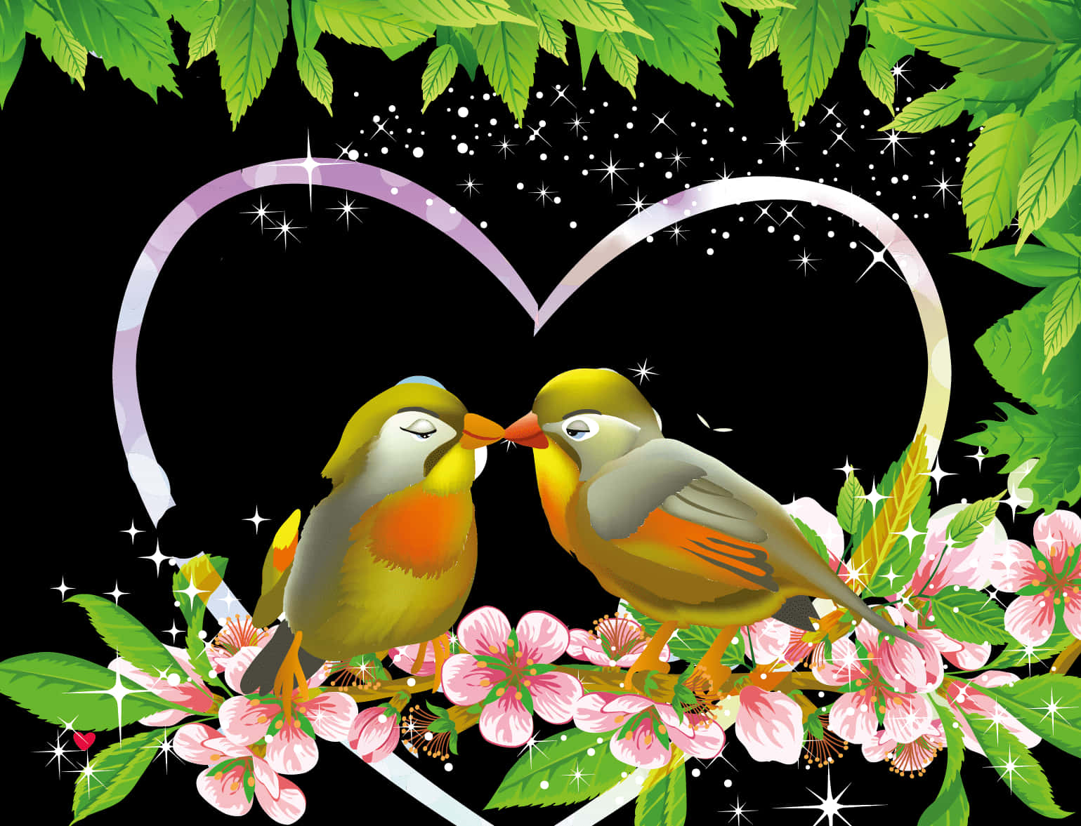 Lovebird Kiss Floral Heart Background PNG