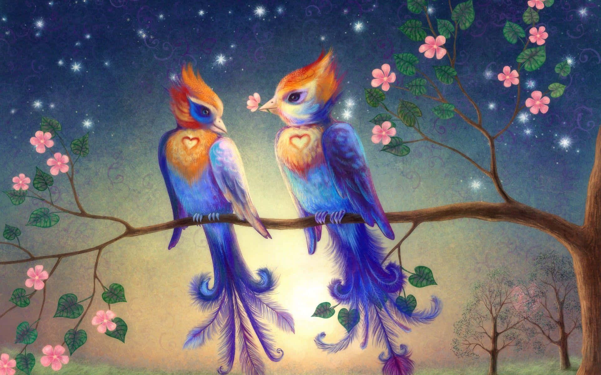 Pitturadi Due Uccelli Innamorati Su Un Albero Blu