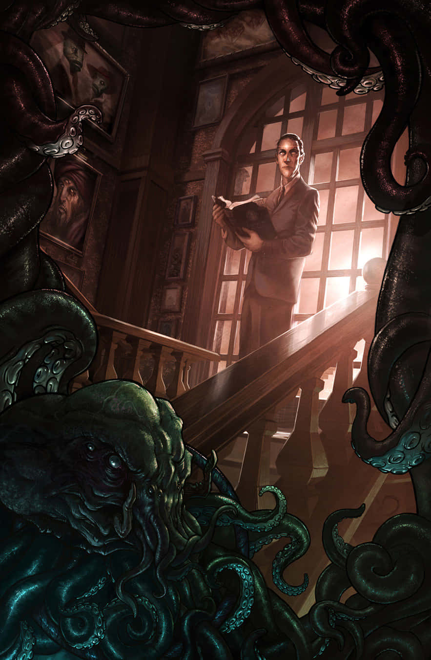 A Man Is Reading A Book In Front Of A Giant Octopus