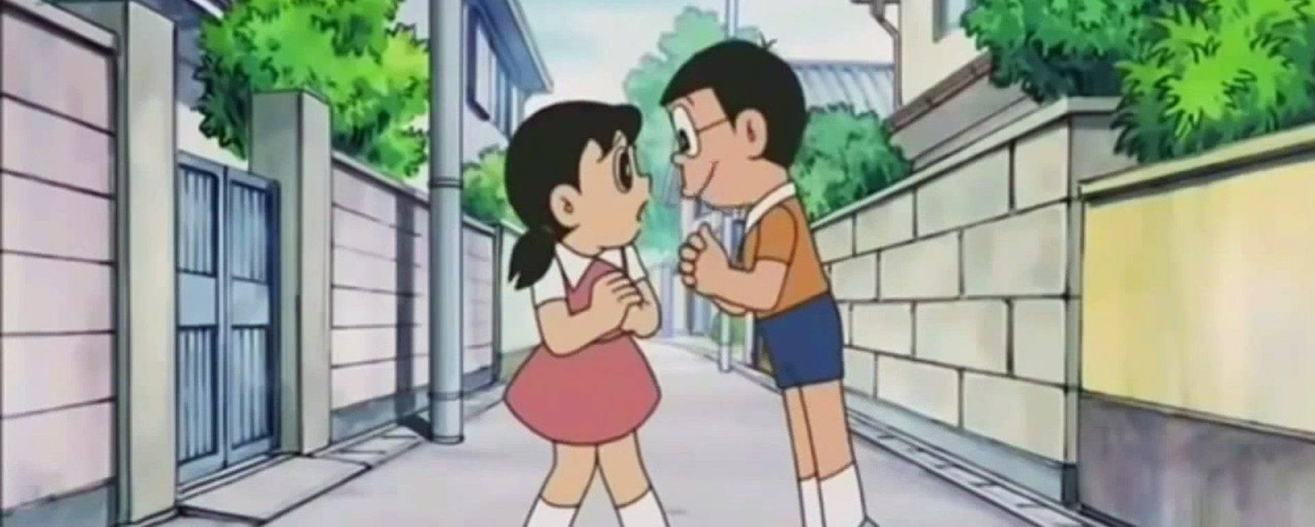 Sød anime Nobita Shizuka på gaden Wallpaper