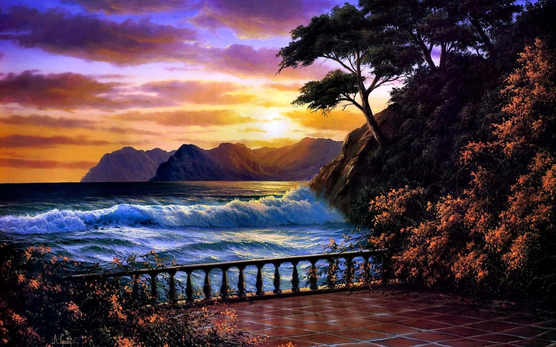 A Painting Of A Sunset With Waves And A Deck