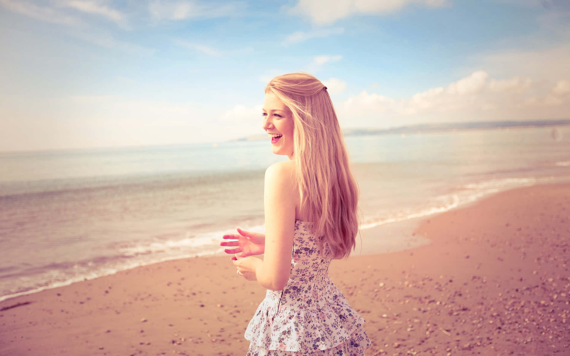 Lovely Blonde Happy Girl On Beach Wallpaper