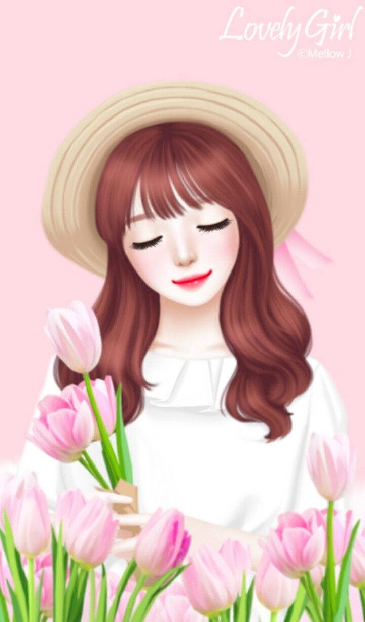 Lovely Girl Holding Pink Tulips Wallpaper