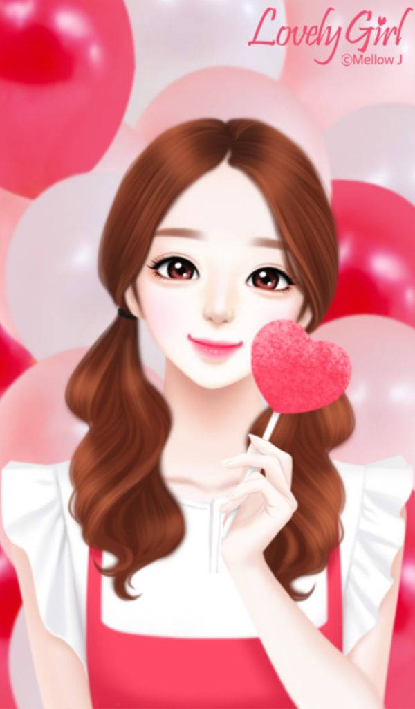 Lovely Girl With Heart Lollipop Wallpaper