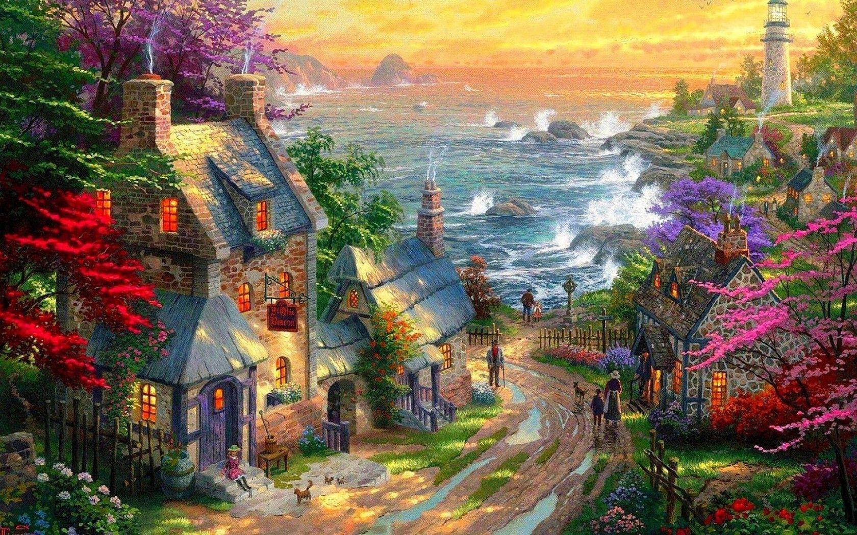 Download Lovely Houses Near Sea Paint Art Wallpaper 