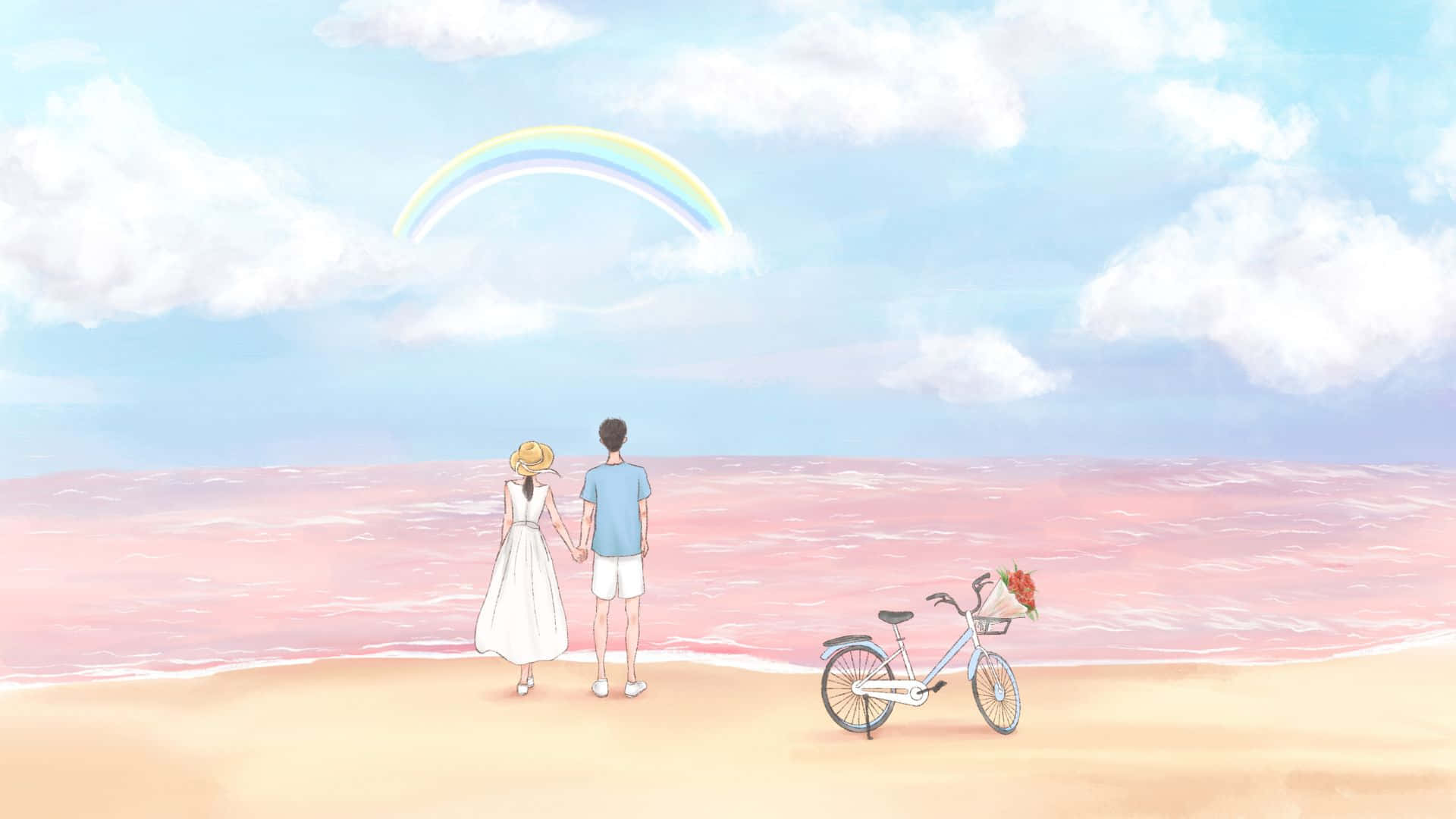 Lovers In Pink Beach Digital Illustration Wallpaper