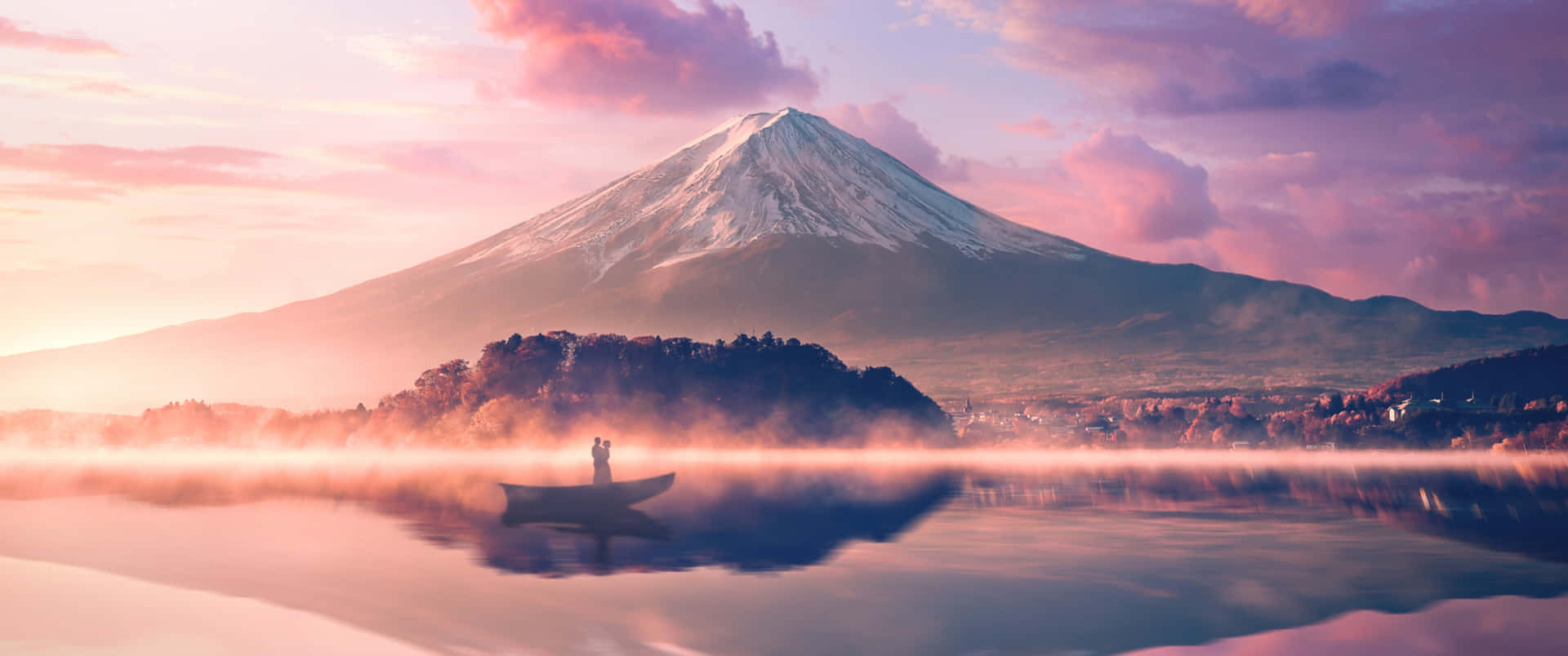 Älskandepå Båt Med Mount Fuji. Wallpaper