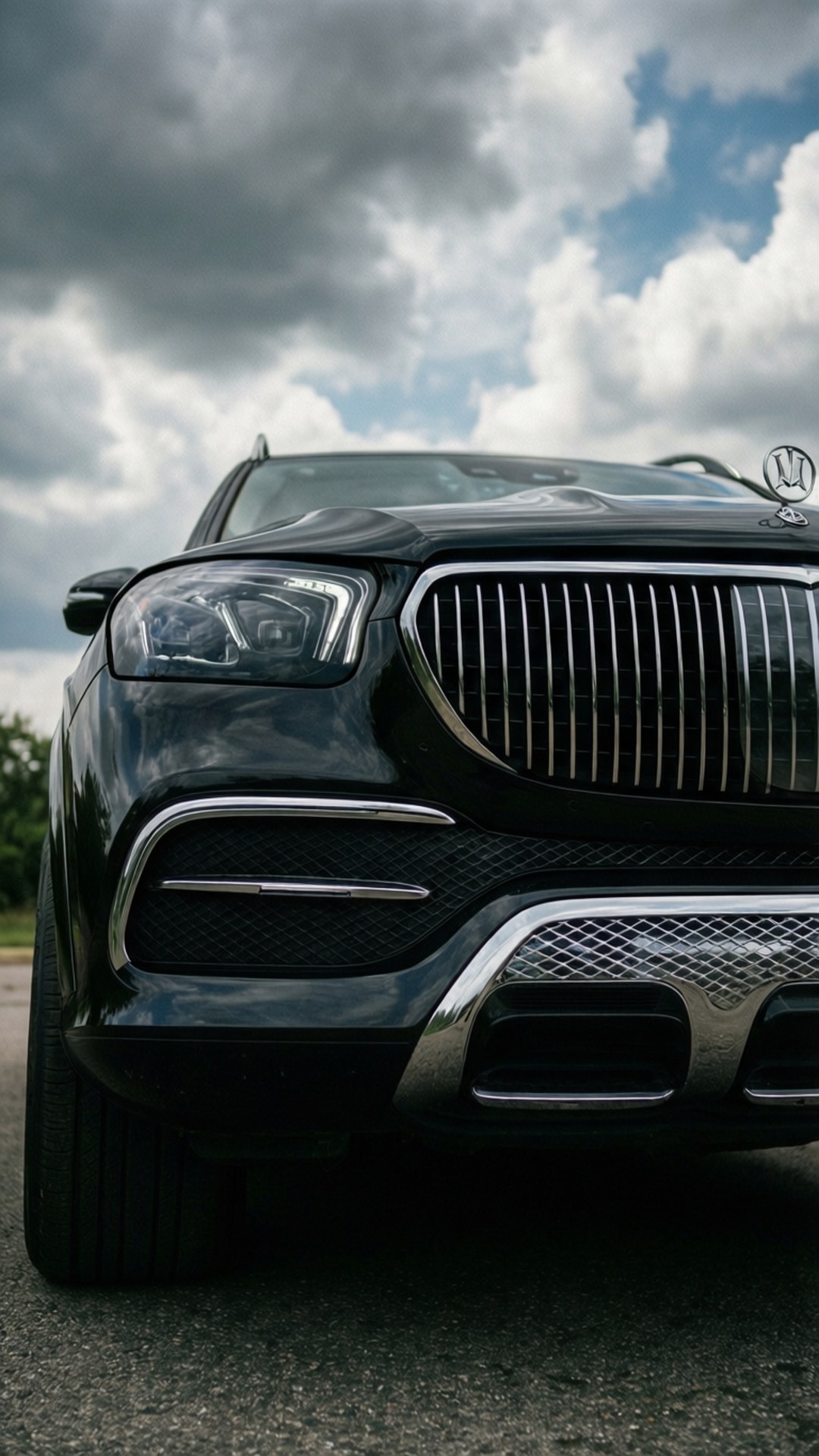 Dramatic low angle of Maybach GLS 600 front.