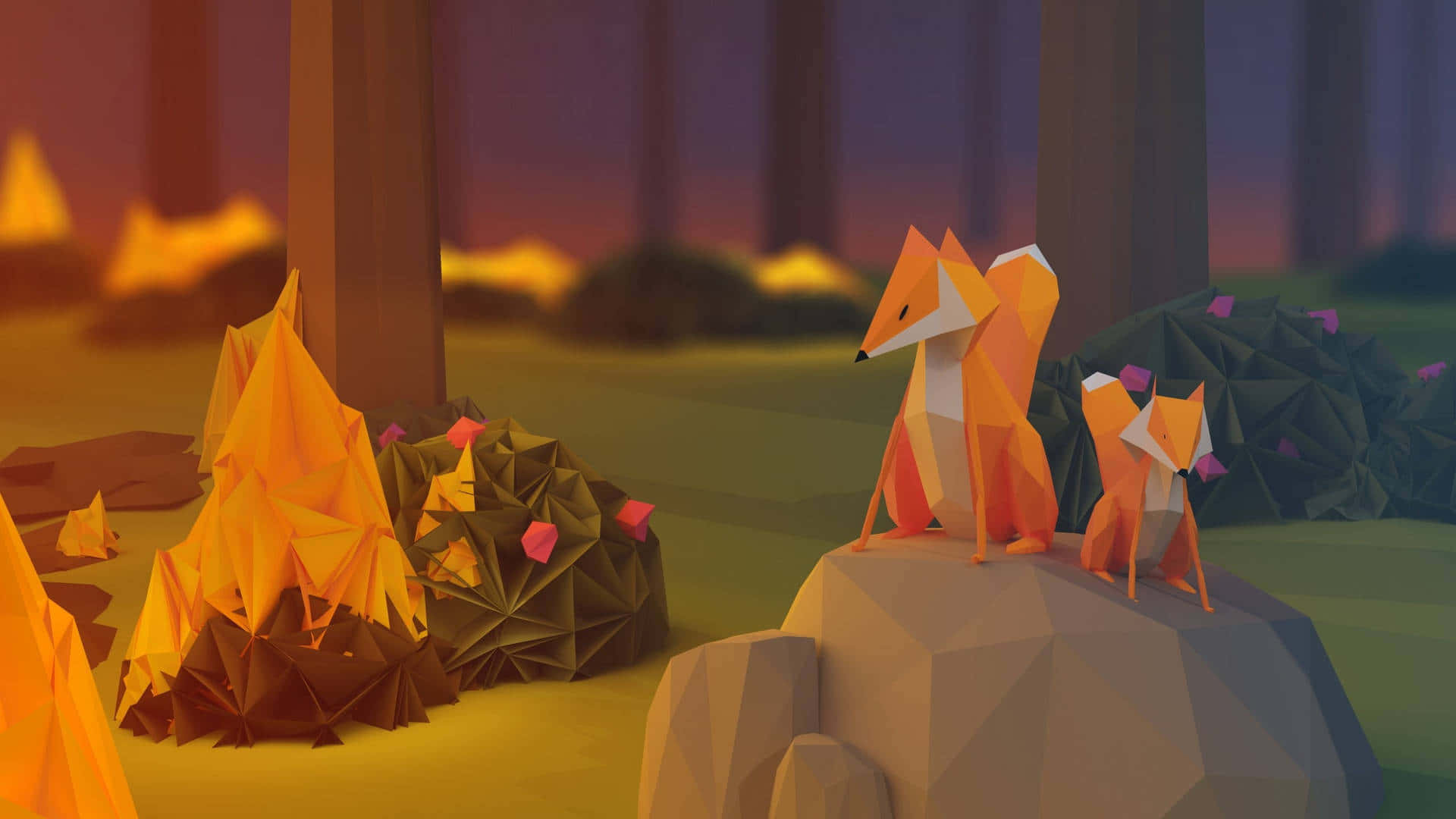 Low Poly Foxesin Forest Glow Wallpaper