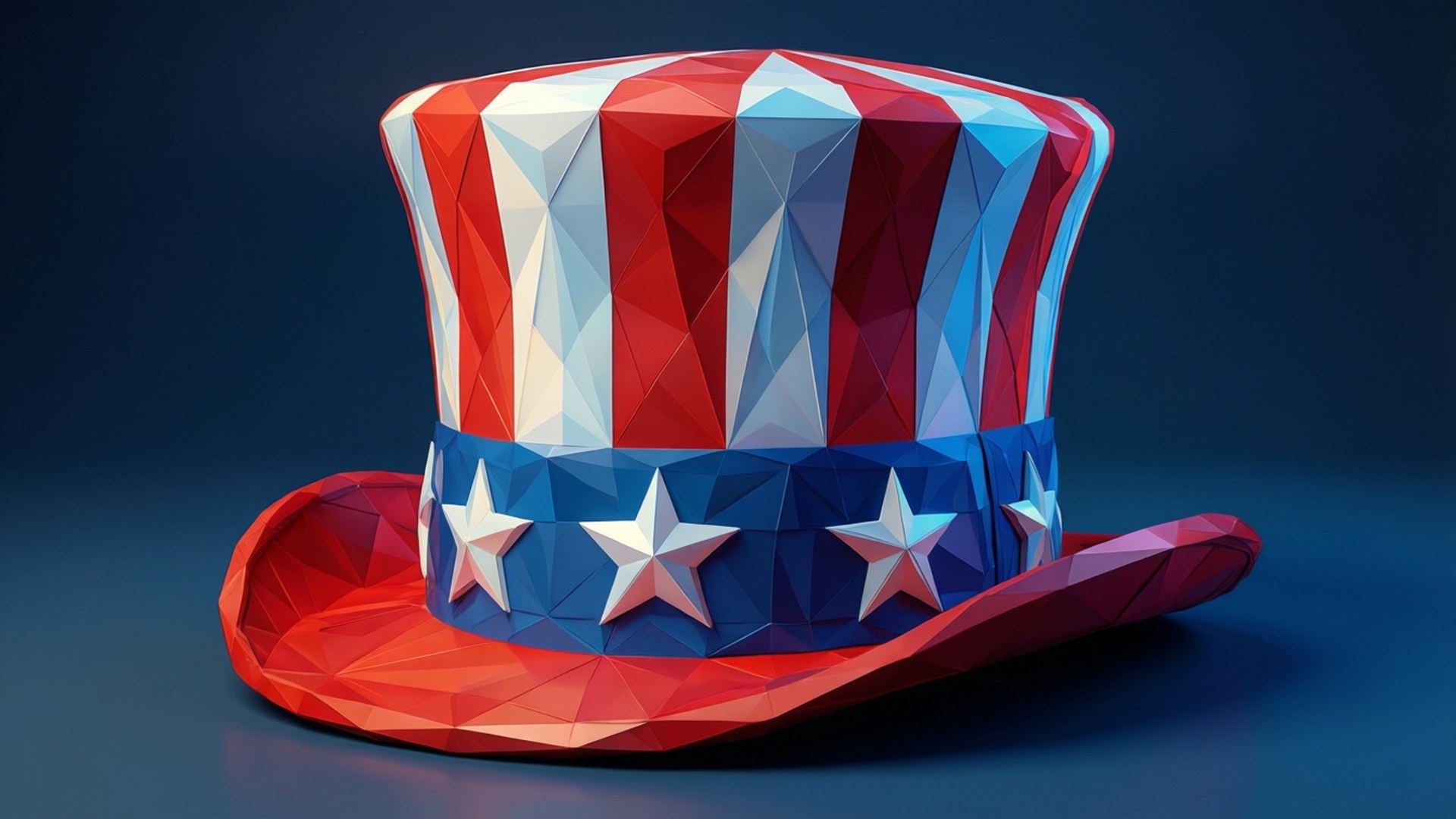 Geometric low-poly Uncle Sam hat with colorful facets.
