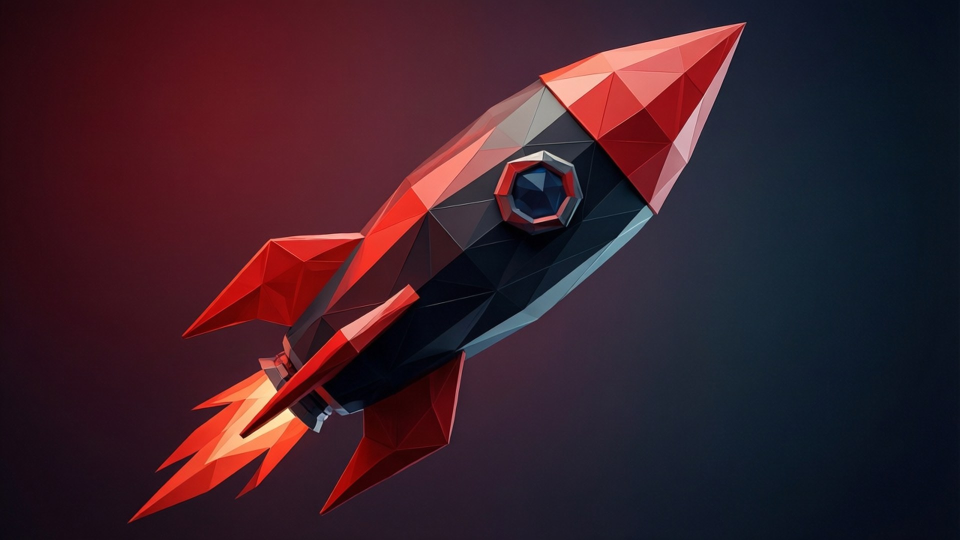 A red and black low poly rocket ship with fiery exhaust launching upward.