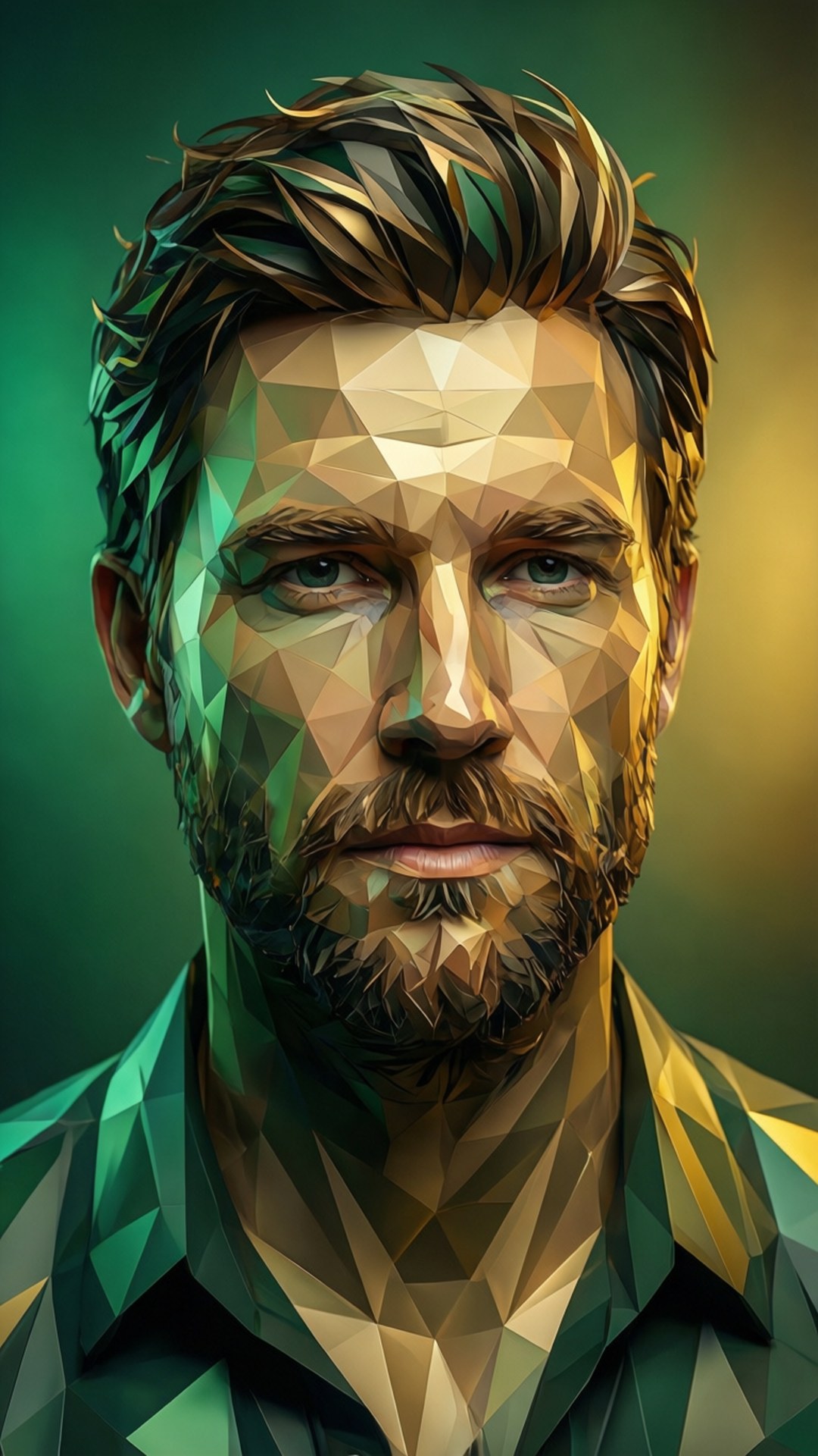 Low-poly 3D-rendering av Luke Musgrave med geometriska polygoner och livfulla gradienter
