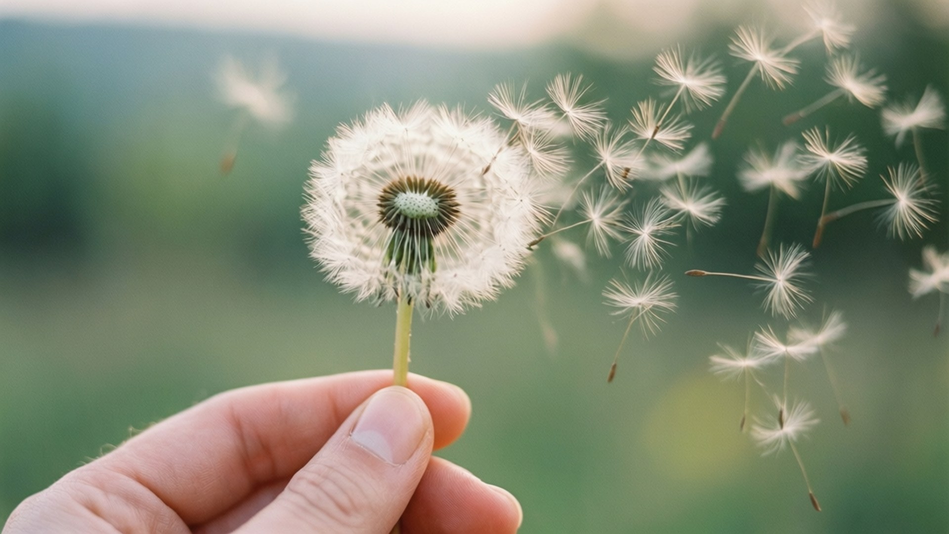 Dandelion Wishes Wallpaper — A hand gently holds a dandelion clock as its fluffy seeds drift away on a soft breeze against a blurred green background.