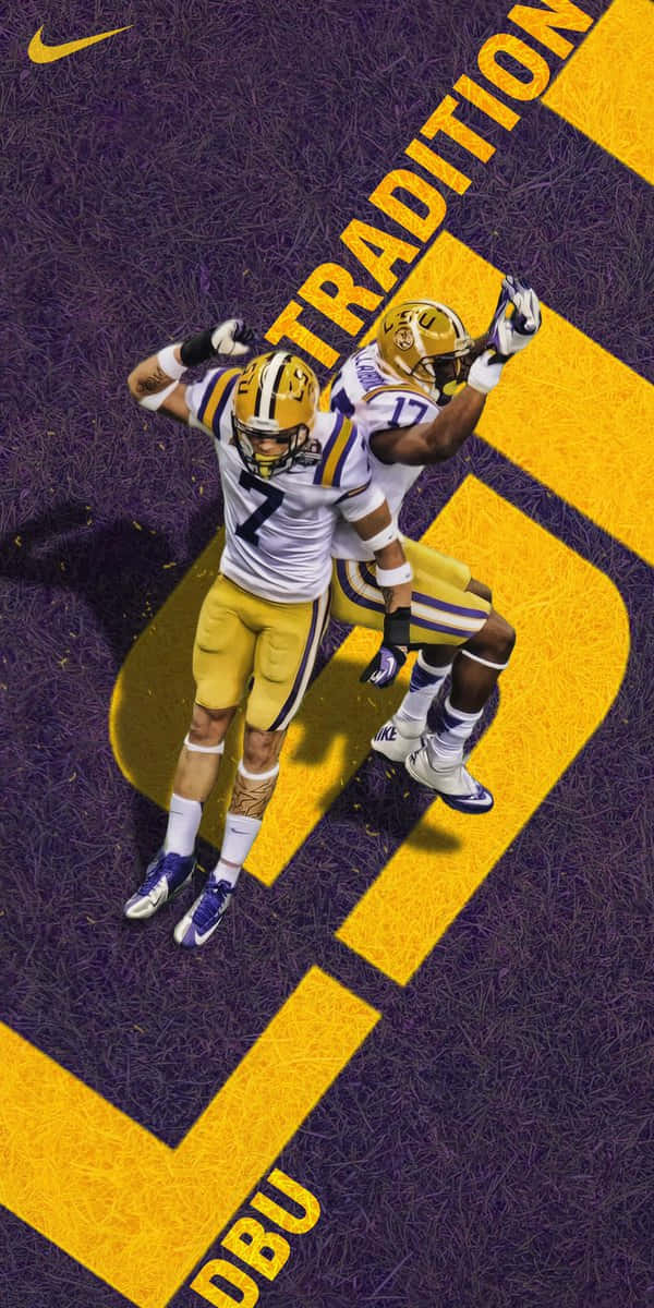 Lsu Football Players Are Standing On A Purple And Yellow Background Wallpaper