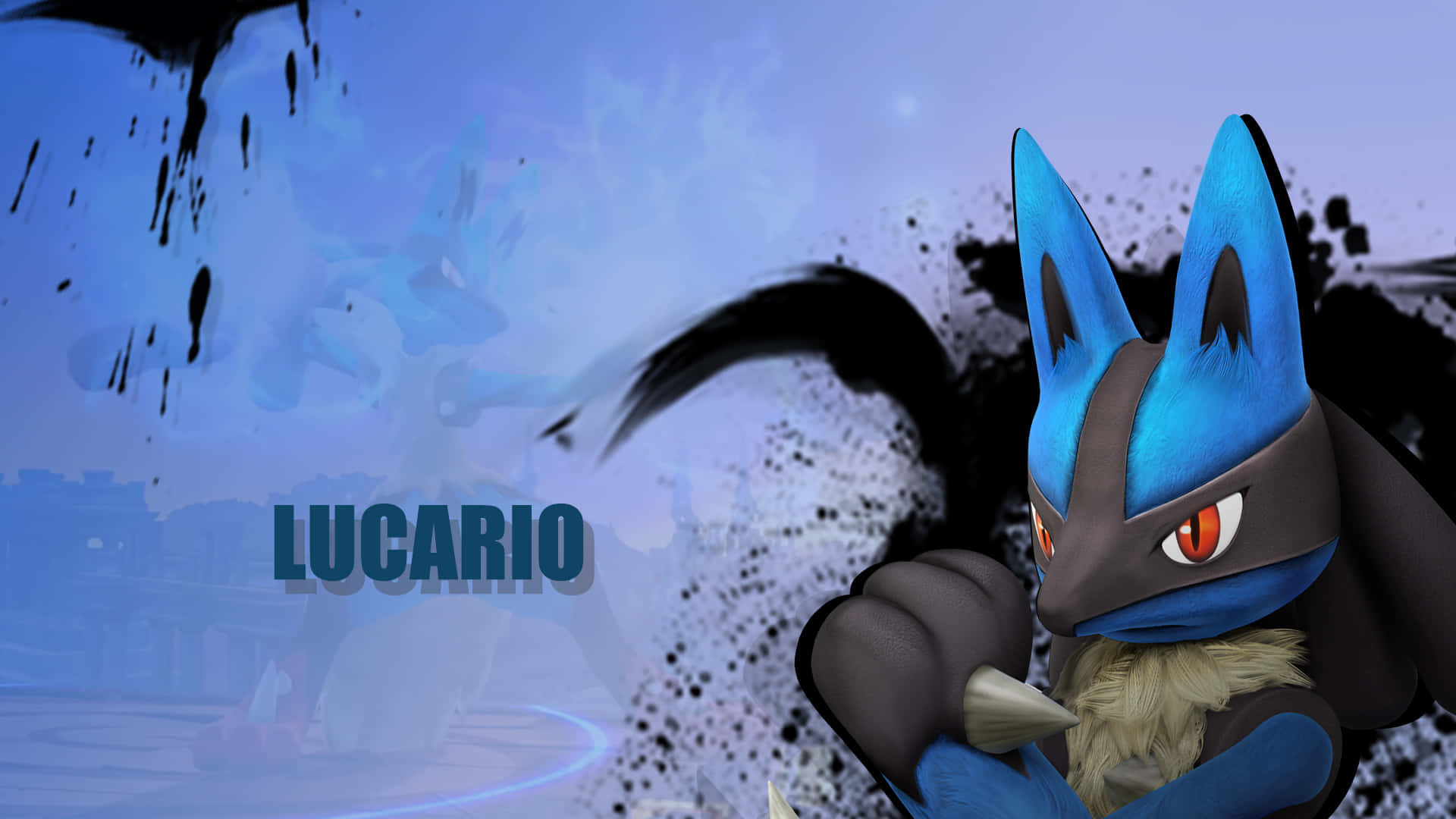 An intimidating Lucario towers above a small city.