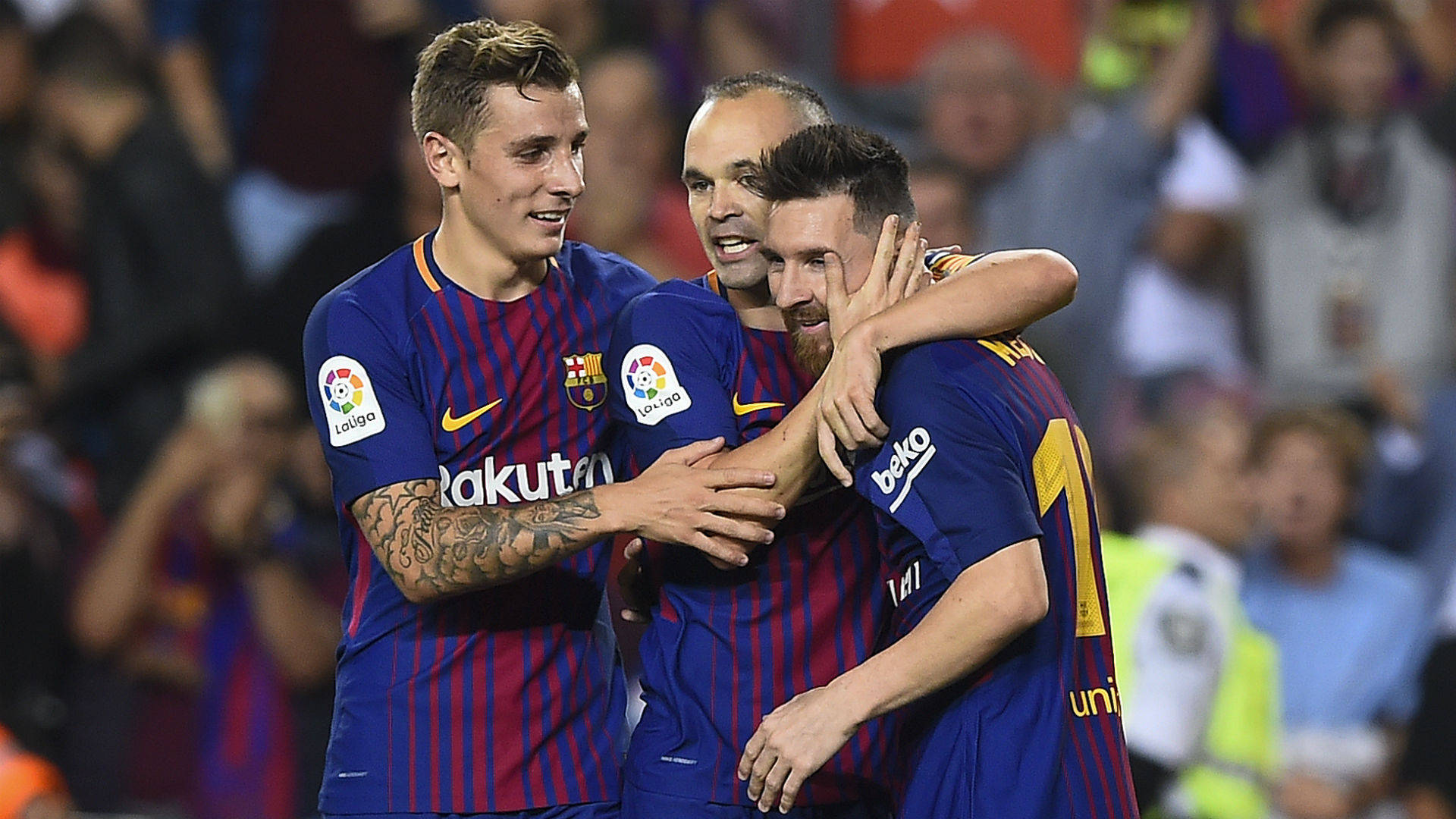 Lucas Digne With Messi And Iniesta Wallpaper