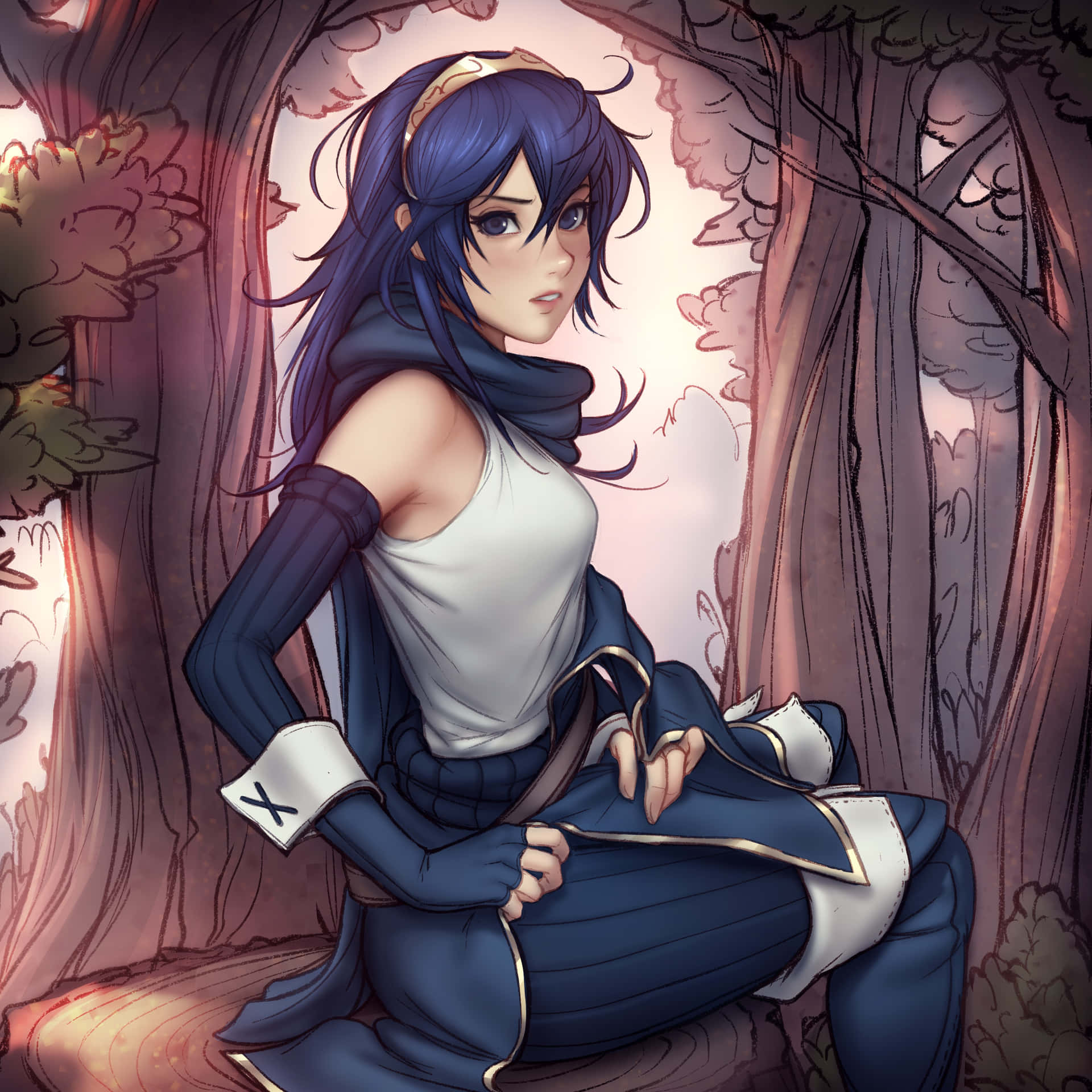 En pige sidder i skoven med blåt hår Wallpaper