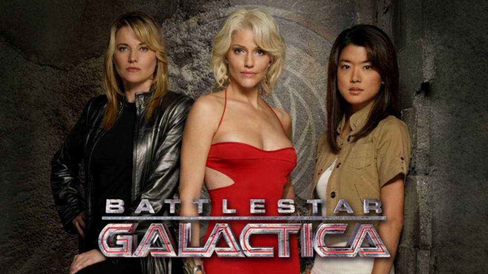Caption: Lucy Lawless in the iconic Galactica movie poster Wallpaper
