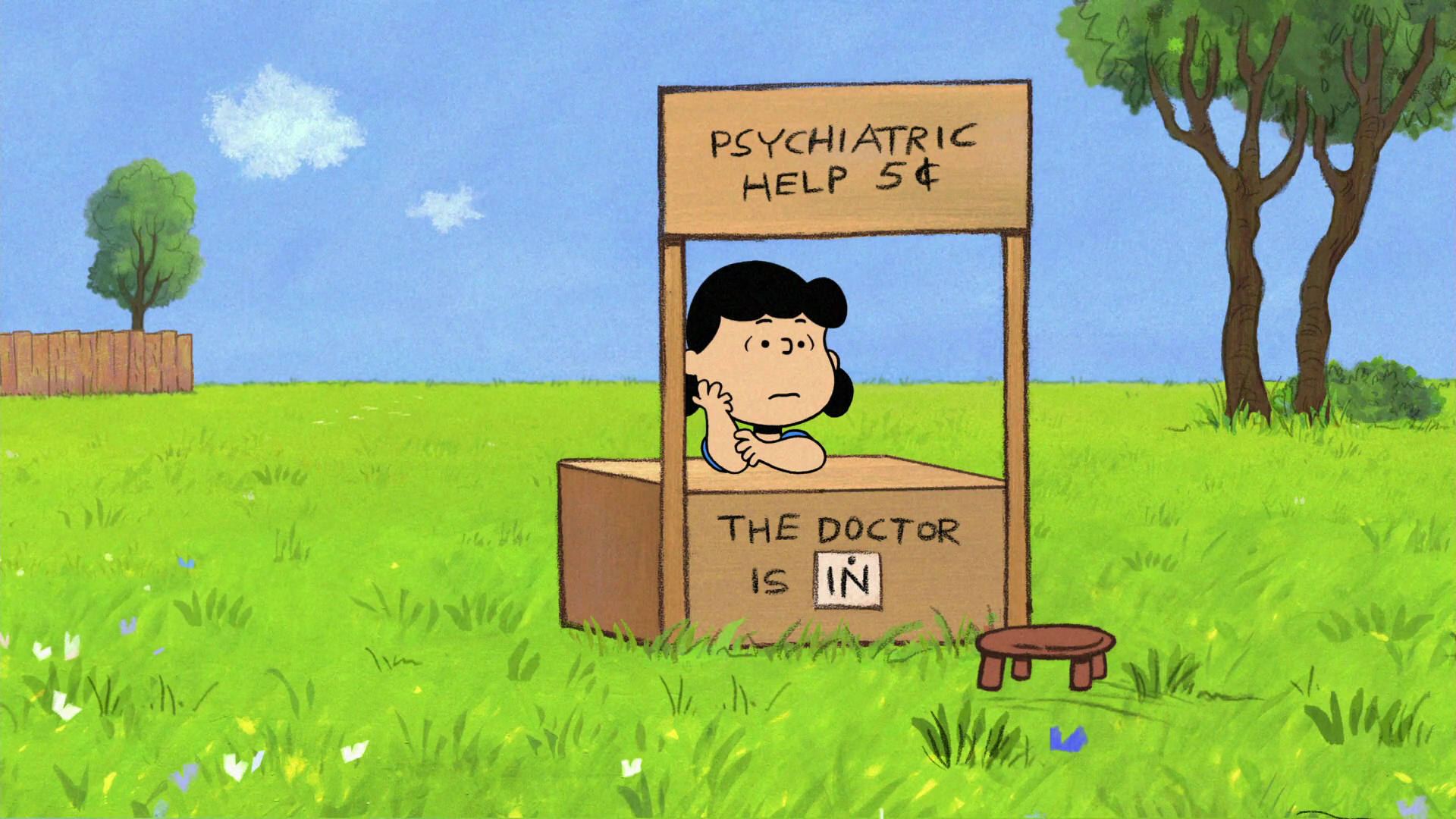 Lucy Van Pelt Psykiatrisk Booth sad klar til dine psykologiske behov Wallpaper