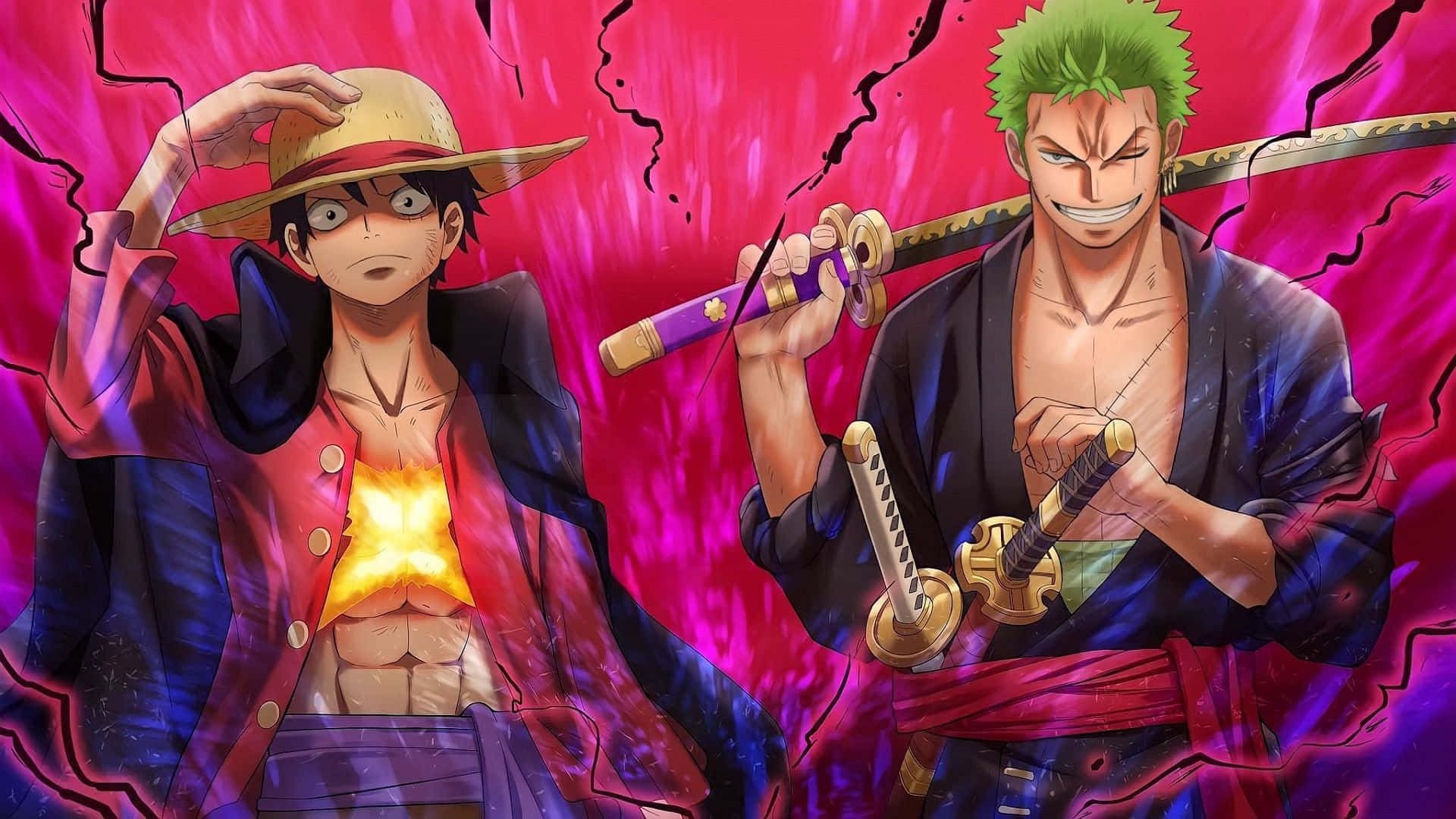 Two Anime Characters With Swords In Front Of A Purple Background