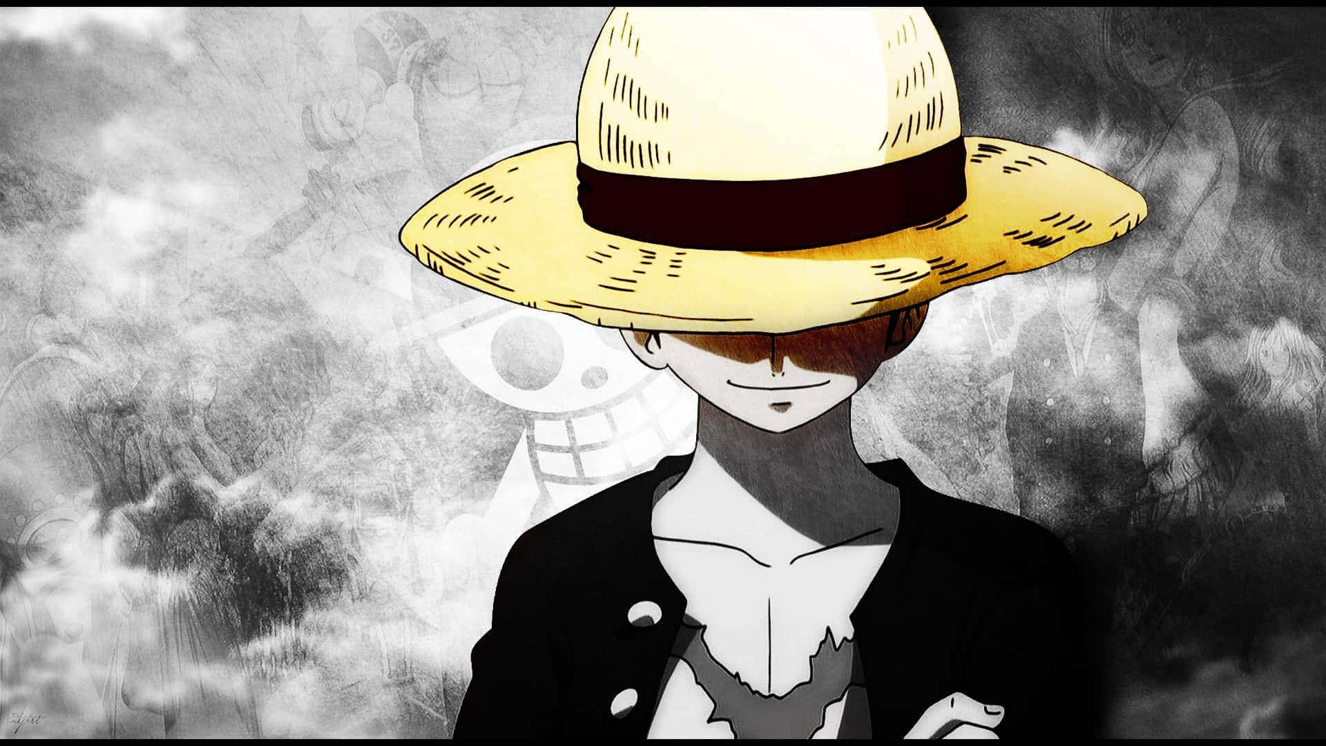 Luffy shows off his signature straw hat in black and white Wallpaper